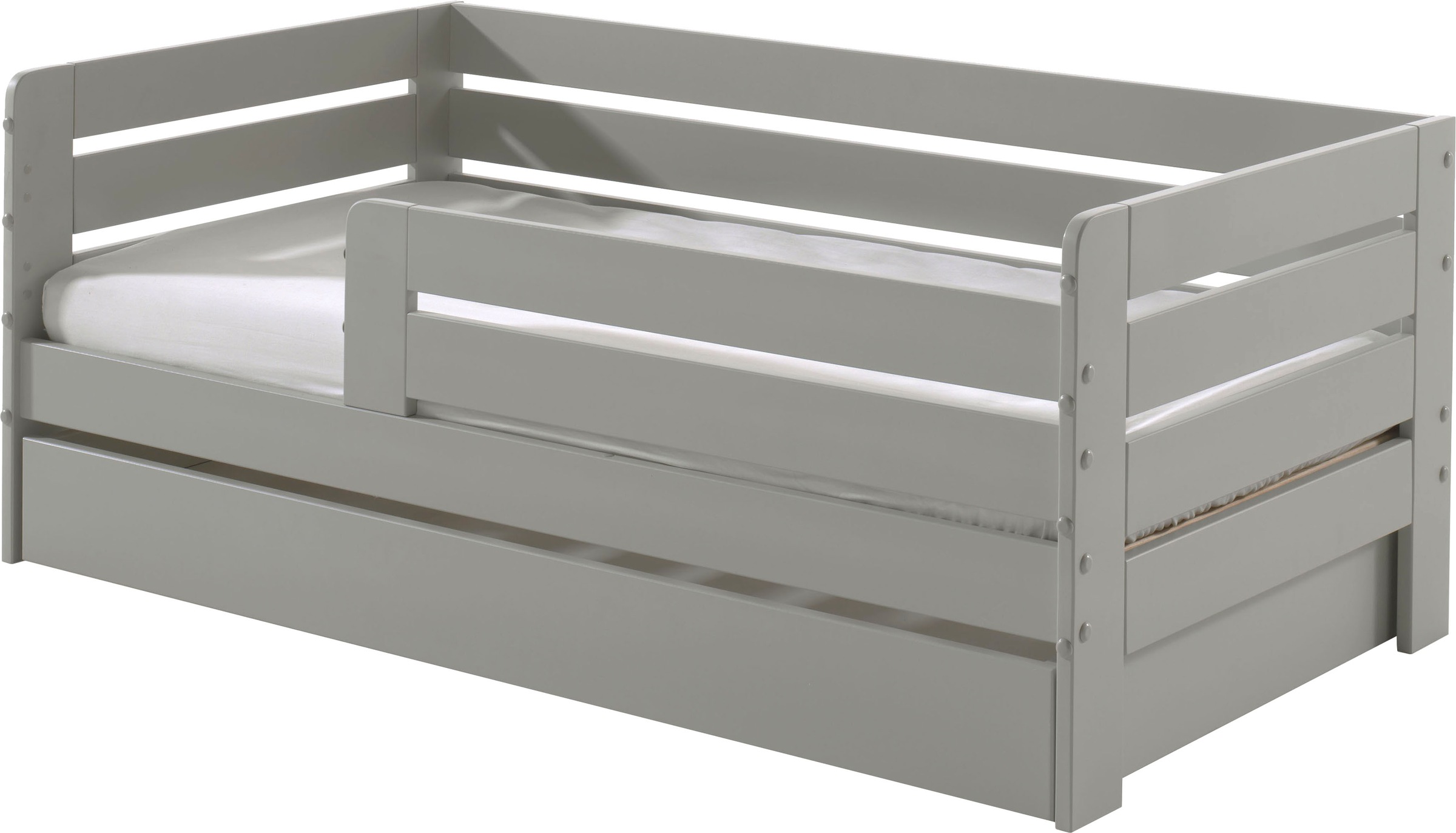 Vipack Kinderbett »Junior, Kiefermassiv mit umlaufendem Absturzschutz und Rolllattenrost«, (B/H/T ca. 143,6x56x70cm, mit niedrigem Betteinstieg), wahlweise in 2 Farben, mit oder ohne Schublade