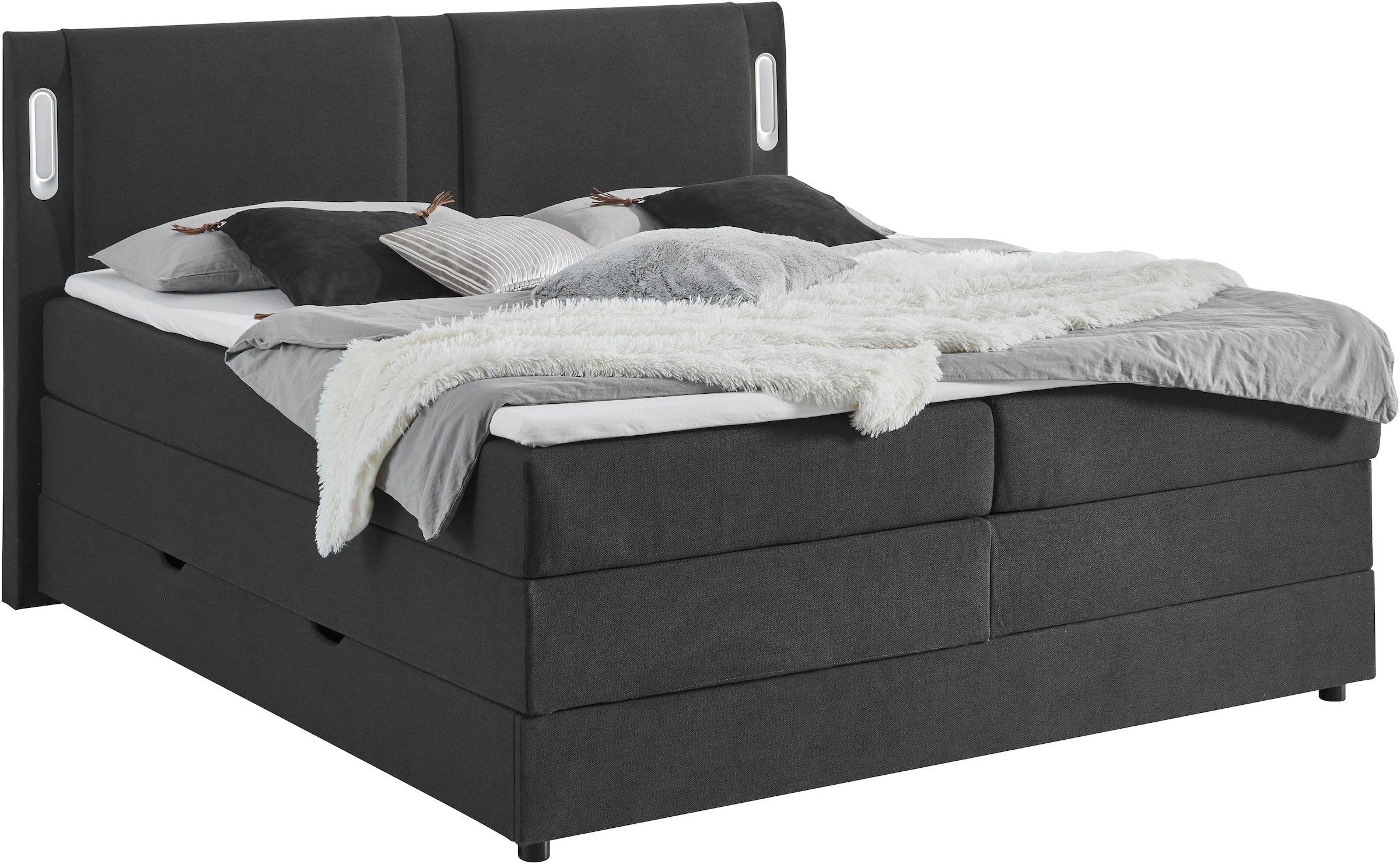 INOSIGN Boxbett »ELVERTA, Polsterbett mit Bettkasten, inkl. Taschenfederkernmatratze H3« mit Topper und LED-Beleuchtung, Strukturstoff-Bezug,  180x200 cm