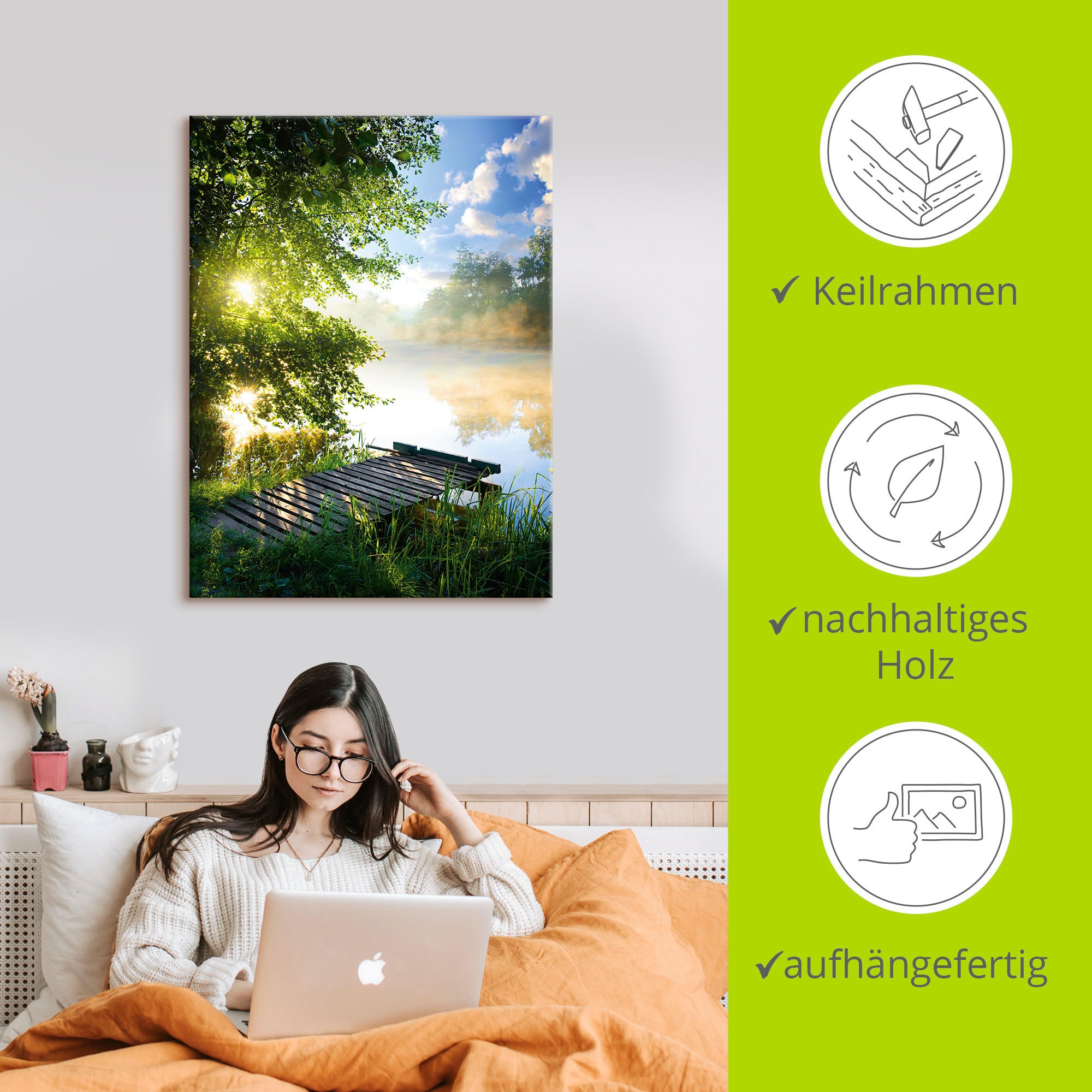 Artland Wandbild »Angelsteg am Morgen«, Gewässer, (1 St.), als Alubild, Outdoorbild, Leinwandbild, Poster, Wandaufkleber