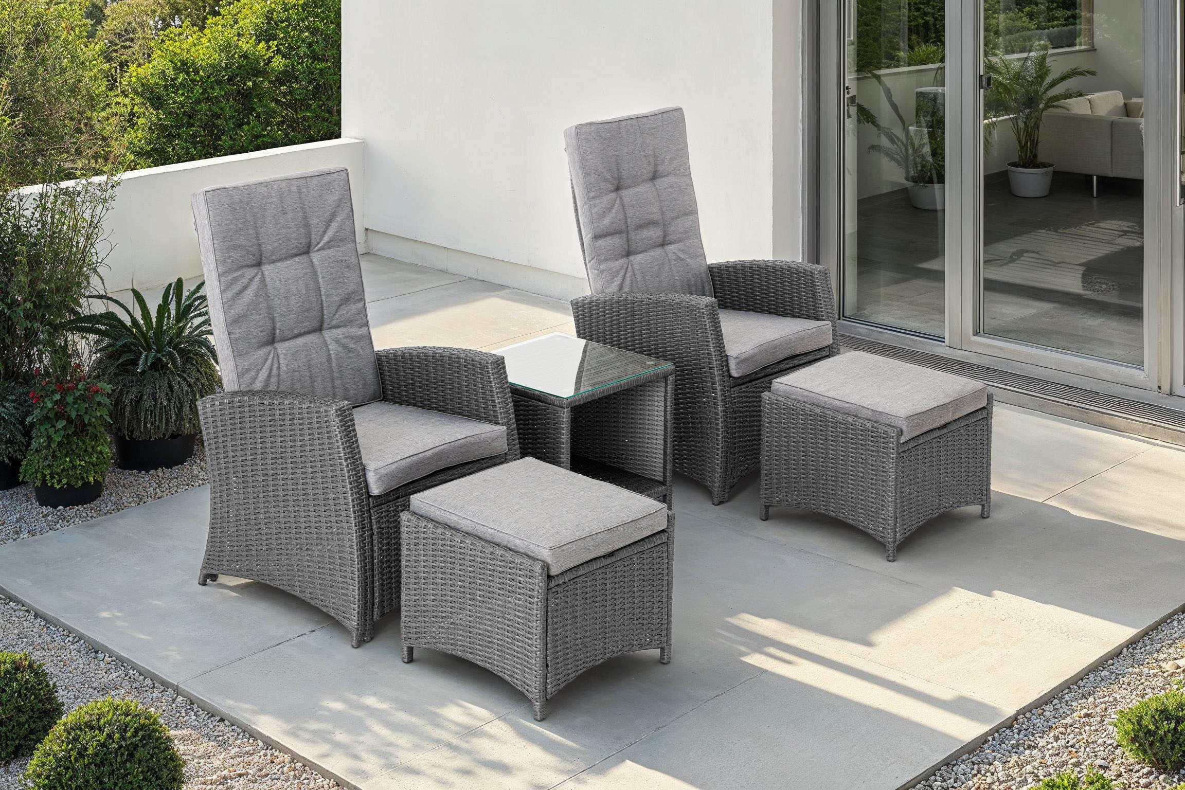 KONIFERA Garten-Essgruppe »»New Paris««, (Set, 11 tlg., 2 Sessel, Rückenlehne verstellbar, Tisch 50x50x51,5 cm, 2 Hocker), inkl. Auflagen, Aluminium/Polyrattan