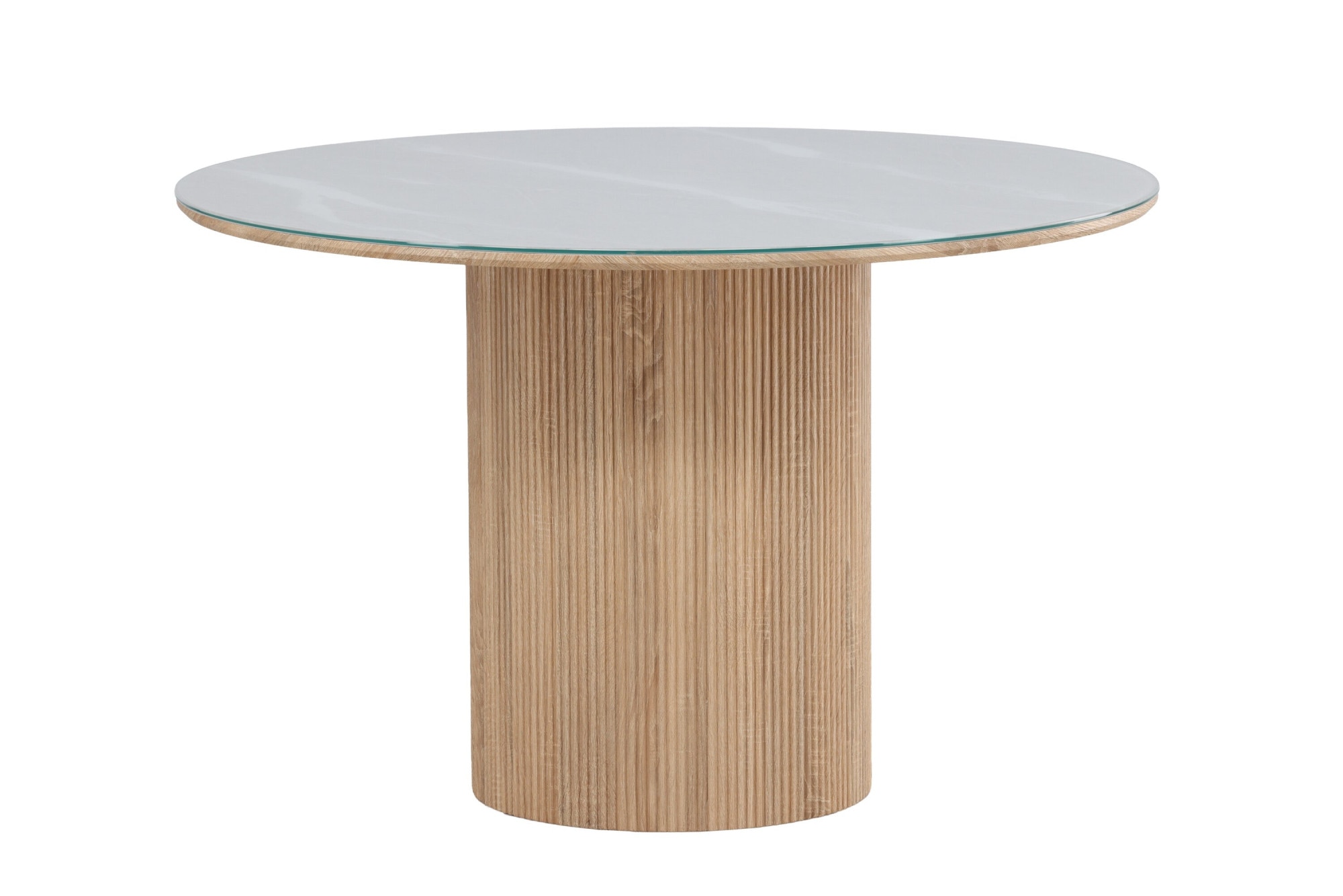 Venture Home Esstisch »Härön, runder Esstisch Ø 120 cm mit Glasplatte und Holzfuß, FSC« Esszimmertisch, transparente Platte, MDF-Mittelfuß, gerippt, hell
