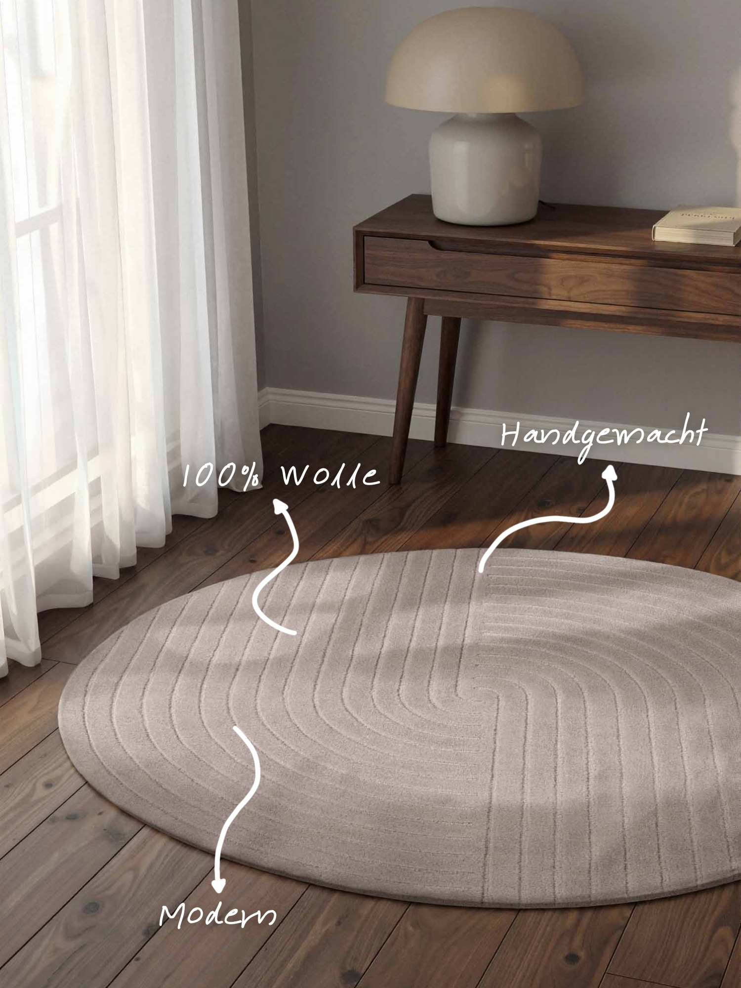 vikosa Wollteppich »Arcura« rund 15 mm Höhe Wolle Handgemacht, Hoch-Tief-Effekt, Geometrisches Linien Wellendesign