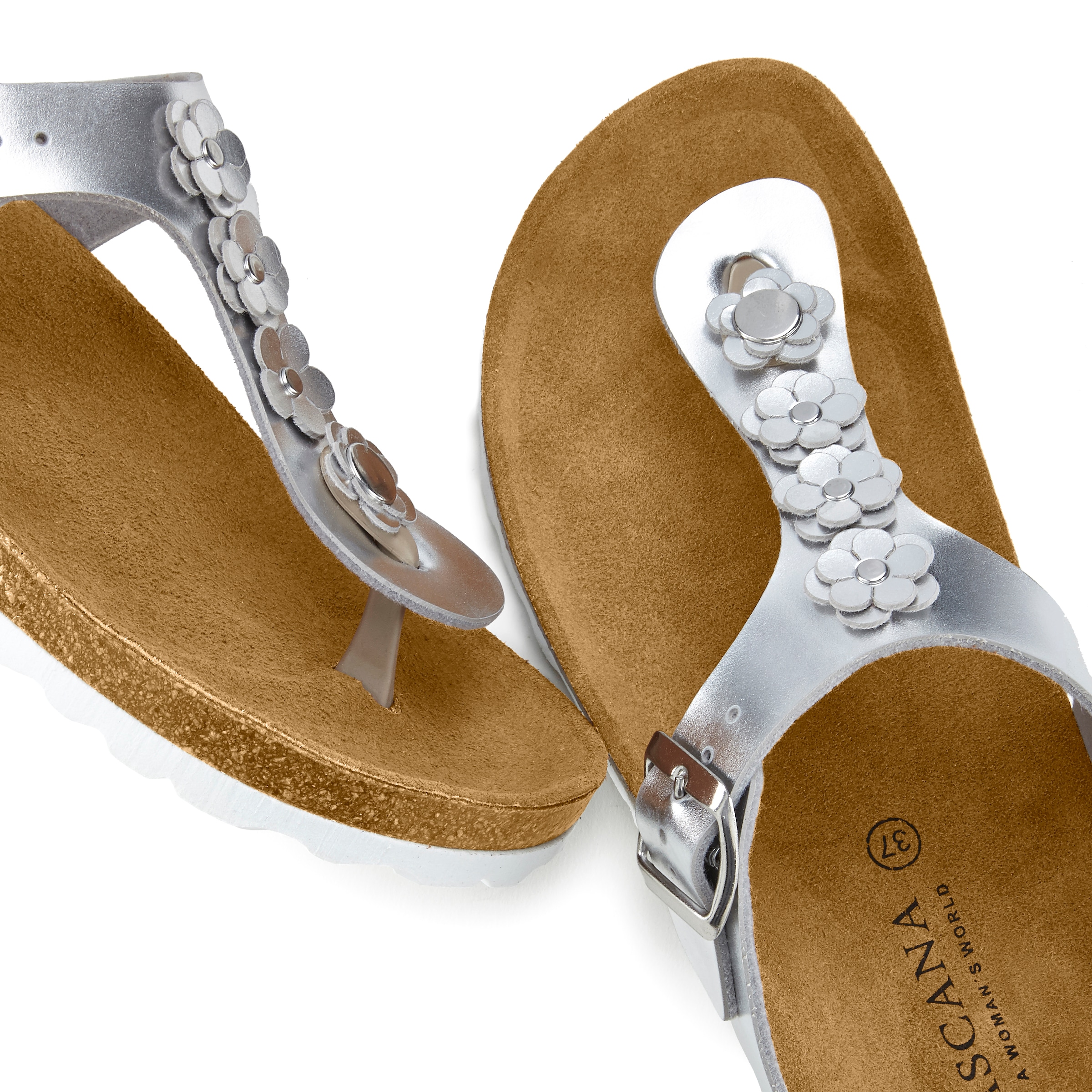 LASCANA Zehentrenner »Sandale, Pantolette, offener Schuh, Sommerschuh,«  glänzende metallische Optik, Textil-Innenmaterial, aus Lederimitat