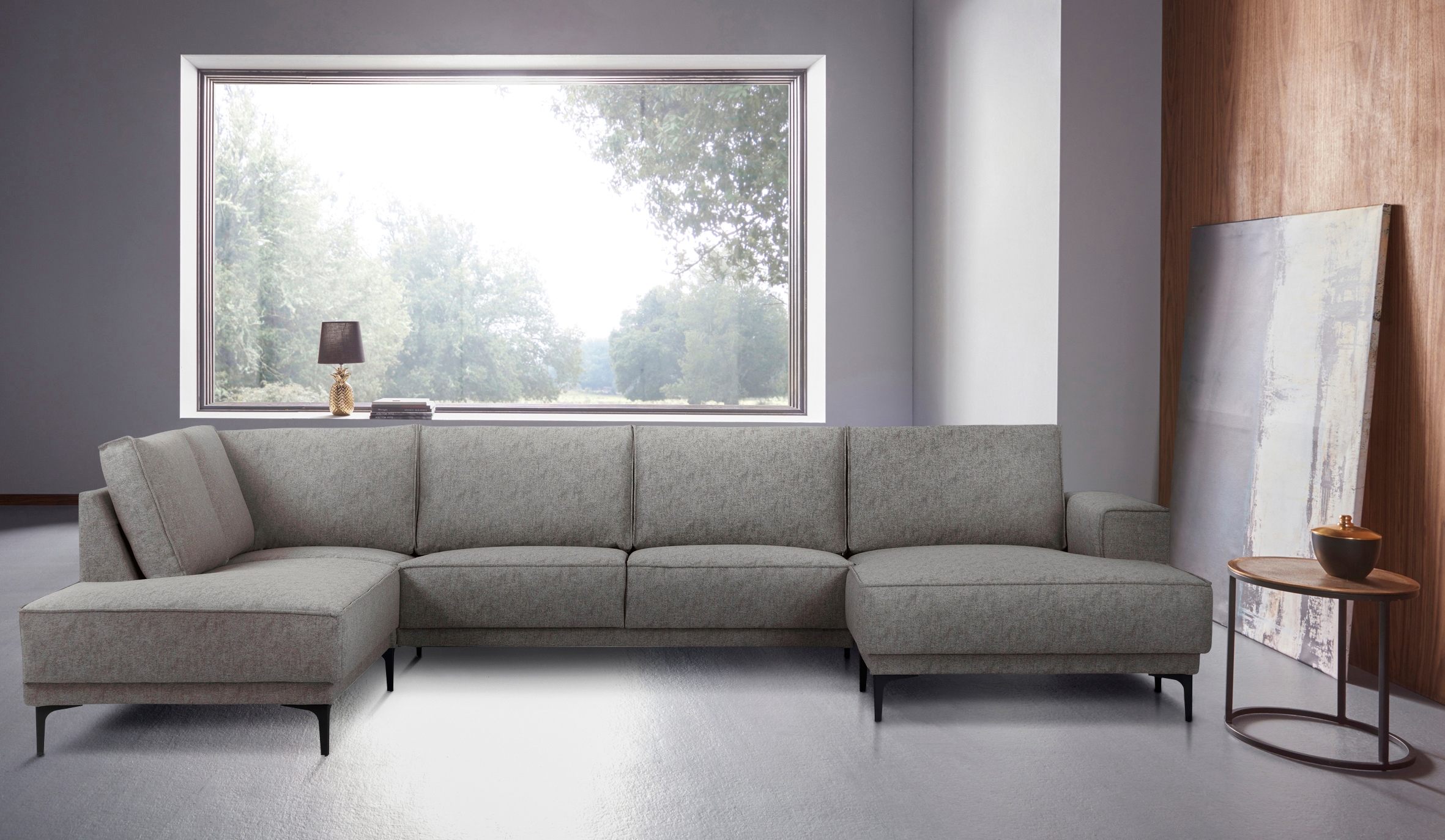 Places of Style Wohnlandschaft »XXL Sofa Oland, Struktur, Flachgewebe, Luxus-Microfaser, Boucle«, U-Form, 345 cm, Wellenunterfederung, Skandi-Design, Metallfüße