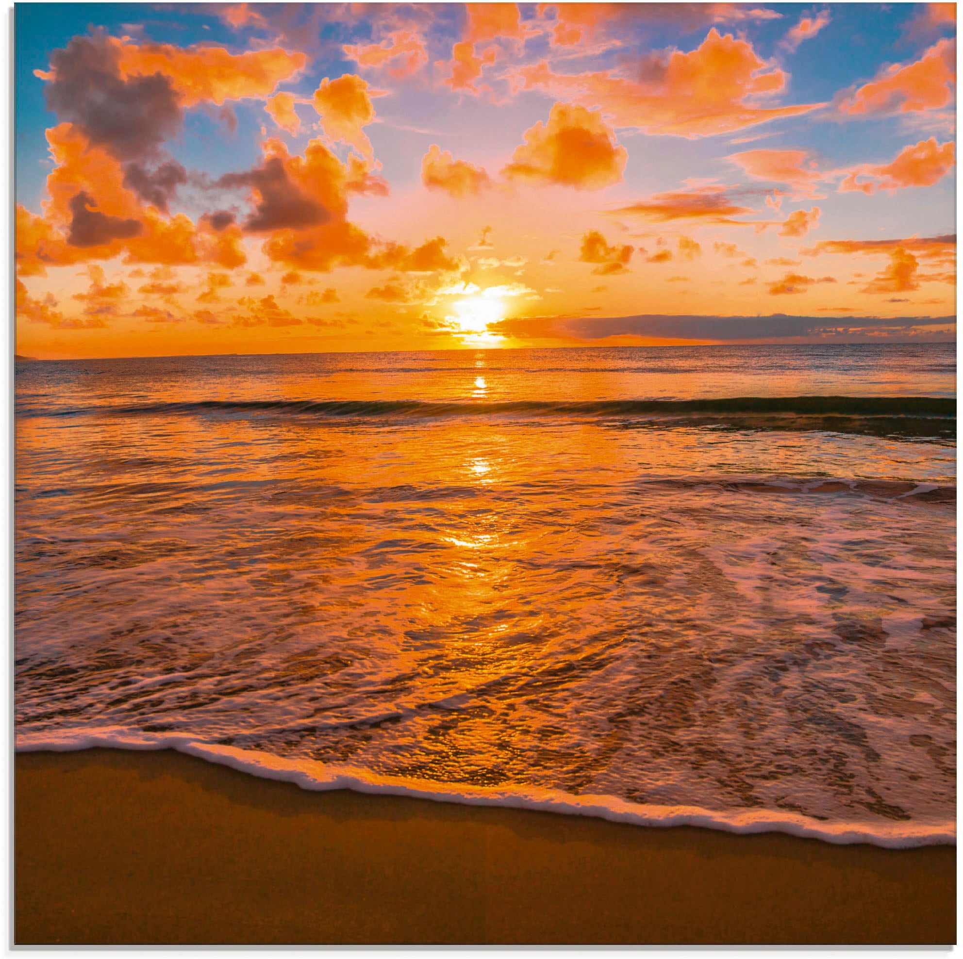 Artland Glasbild »Schöner bequem & St.), verschiedenen -untergang, Strand«, am Sonnenuntergang Sonnenaufgang Größen tropischer in (1 bestellen