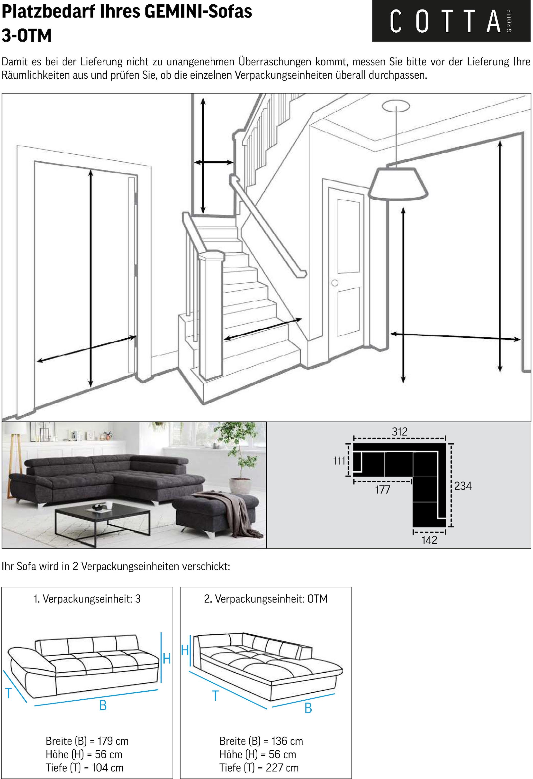 COTTA Ecksofa »Gemini L-Form« mit Kopfteilverstellung, wahlweise mit Bettfunktion