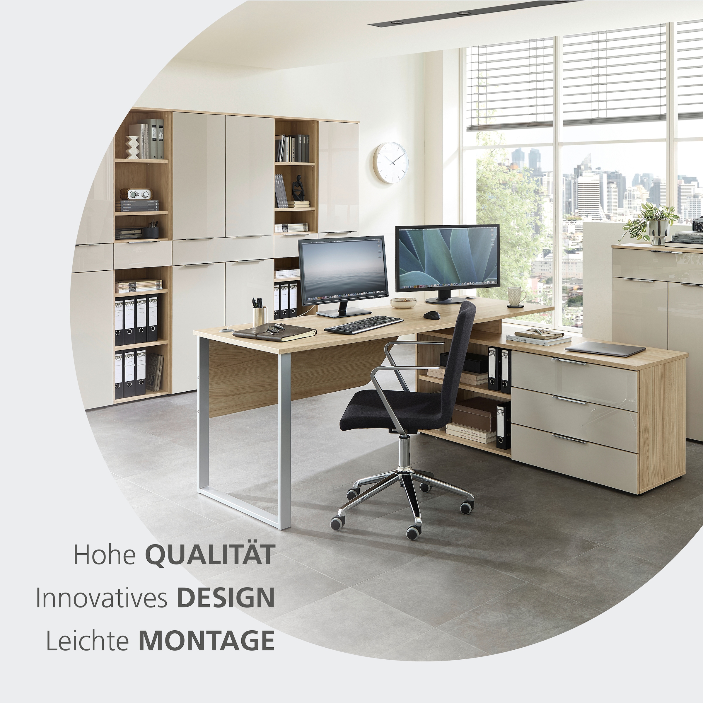 Innostyle Aktenschrank »Büroschrank Santorin, 80/110/38 cm ( B/H/T)« 1 Stk. tlg. 2 türig, 1 Schubkasten, Softclose, Klarglas, ABS Schutzkante