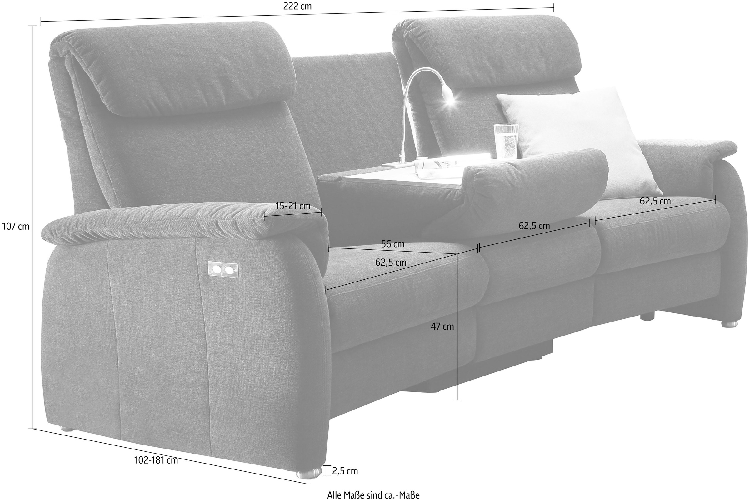 Home affaire Sofa »Turin«, mit motorischer Relaxfunktion, Tisch, Leuchte + USB-Ladestation