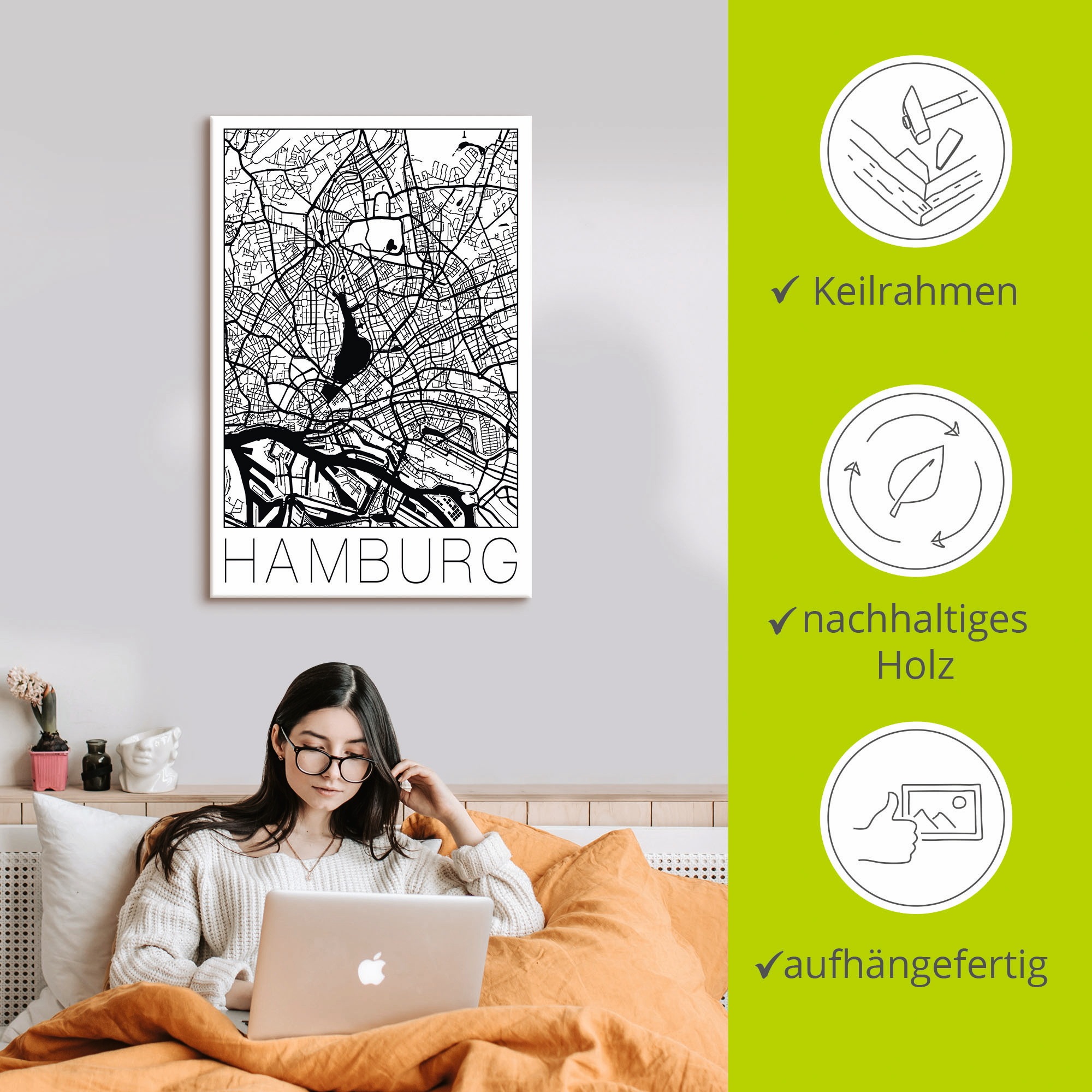Artland Wandbild »Retro Karte Hamburg Deutschland«, Deutschland, (1 St.), als Leinwandbild, Poster in verschied. Größen