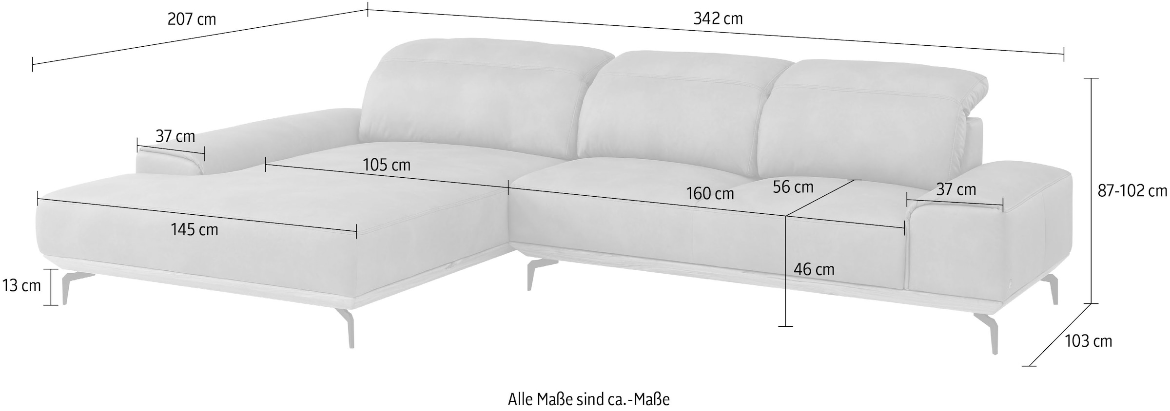 Musterring Wohnlandschaft »MR 2490«, Bronze-Fuß Sitzhöhe 46cm, wahlweise mit Funktionen, Maße 342 x 207 cm