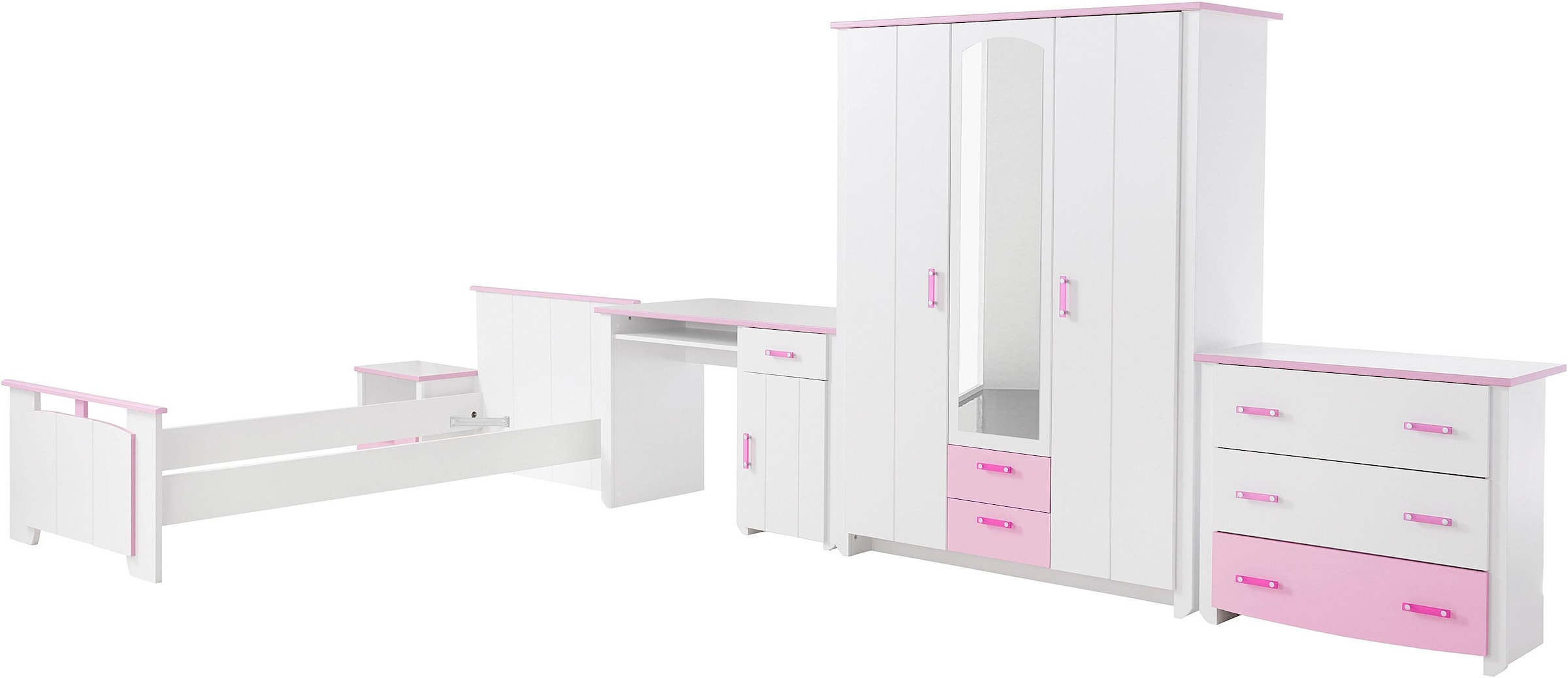 Parisot Jugendzimmer-Set »Biotiful«, (Set, 4 tlg., Bett, Nachttisch, Schrank, Kommode, Schreibtisch), mit 3-trg. Kleiderschrank