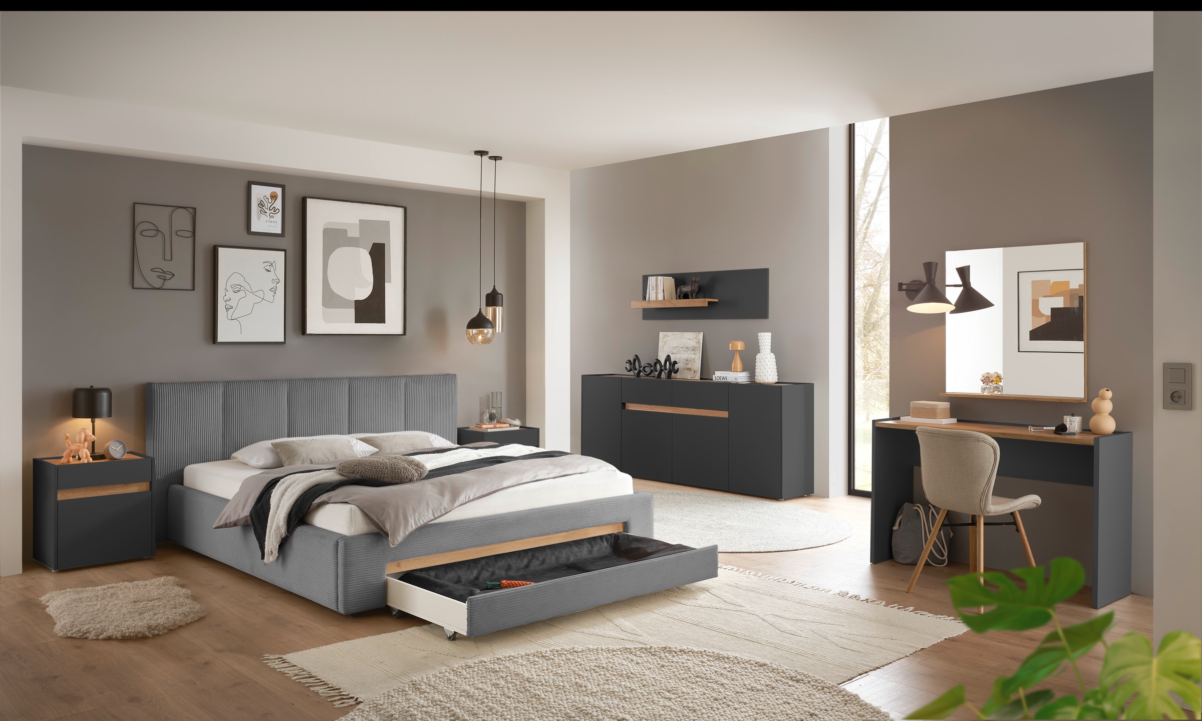 INOSIGN Polsterbett »CiTY/GiRON, Bettgestell mit Bettkasten, gepolstertes Stauraumbett«, mit Hundebett oder Stauraumschublade, Bezug Cord-oder Leinenoptik