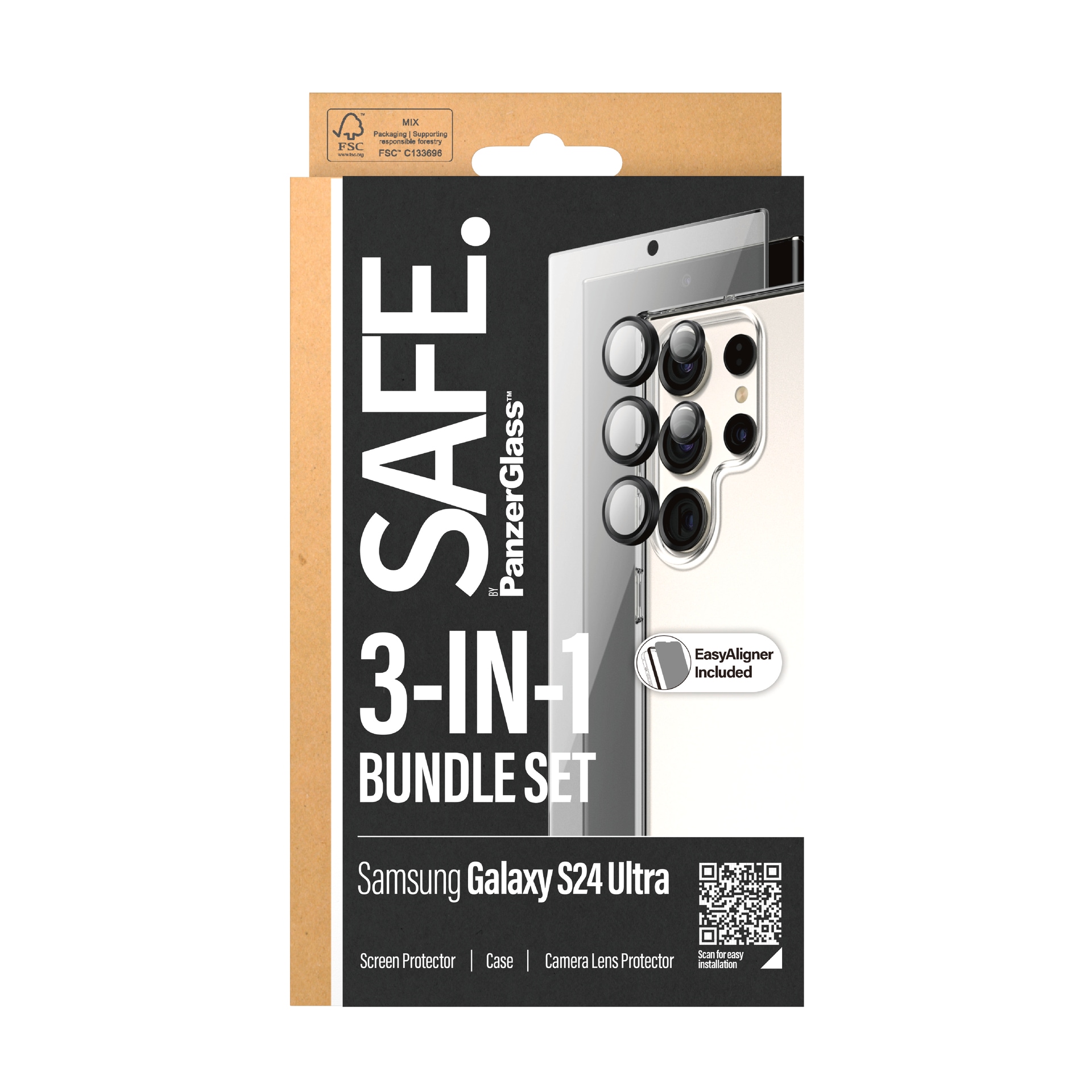 SAFE by PanzerGlass Displayschutzglas »3-in-1 Bundle Set Screen Protector, Case und Camera Lens Protector« für Samsung Galaxy S24 Ultra Displayschutzfolie, Backcover, Lens Cover, Rundumschutz
