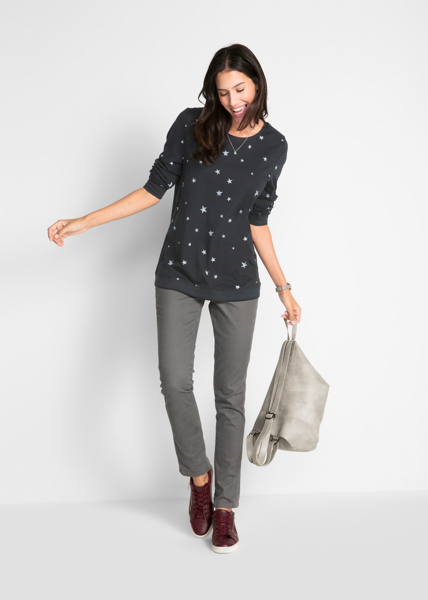 bonprix Langarmshirt figurumspielende Passform, mit Rundhalsausschnitt, aus Baumwolle