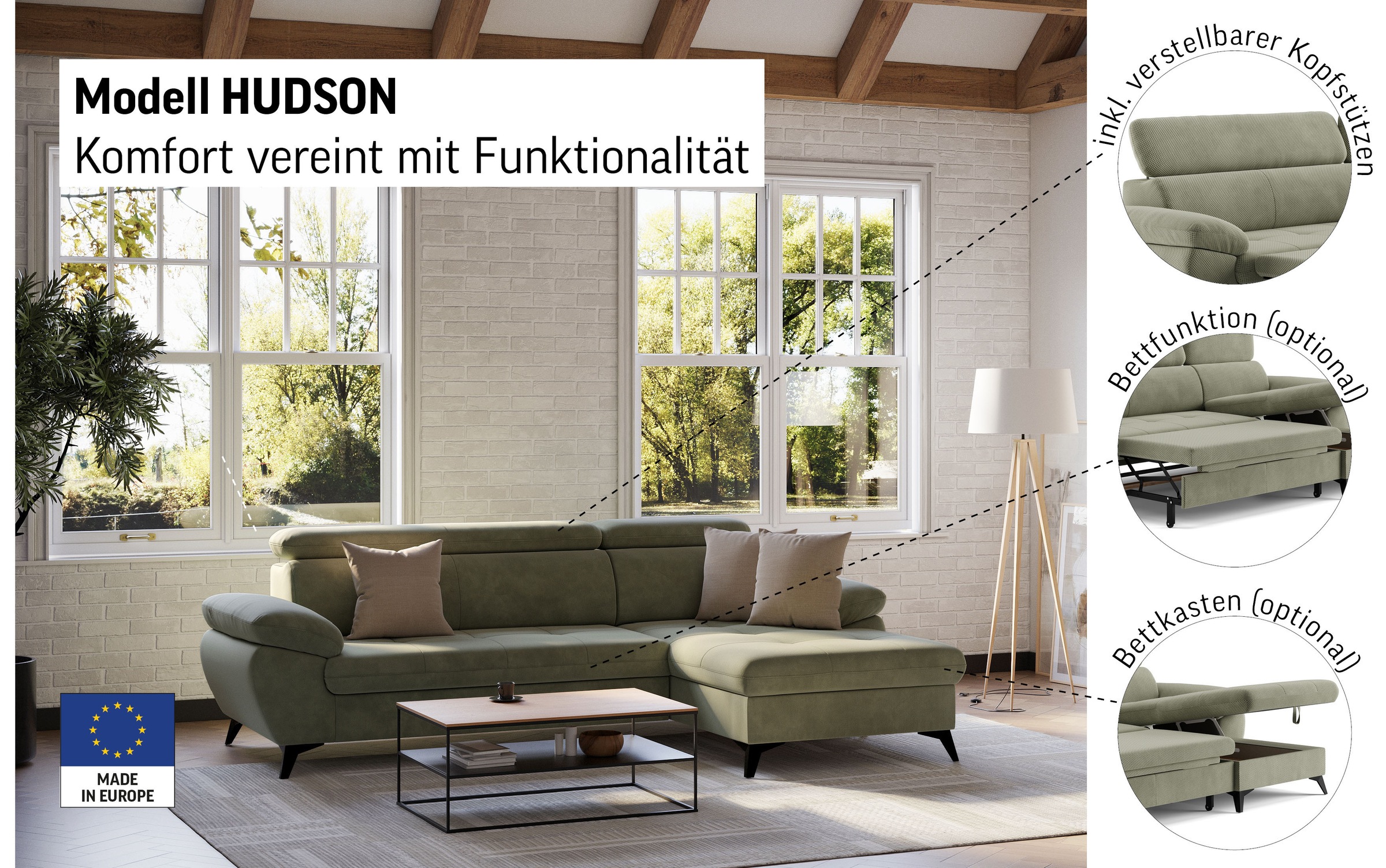 COTTA Ecksofa »Hudson L-Form«, inkl. verstellbare Kopfstützen, wählbar mit Bettfunktion und Stauraum
