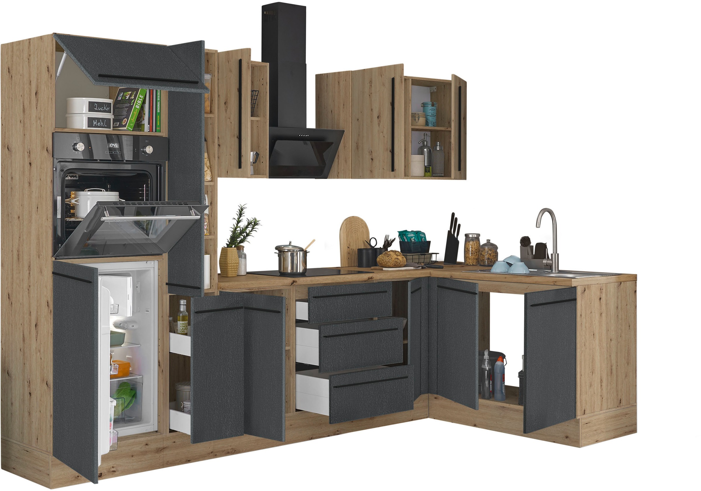 KOCHSTATION Winkelküche »Florida, Stellbreite 300x165 cm« wahlweise mit E-Geräten, mit Softclose für Türen und Schubkästen