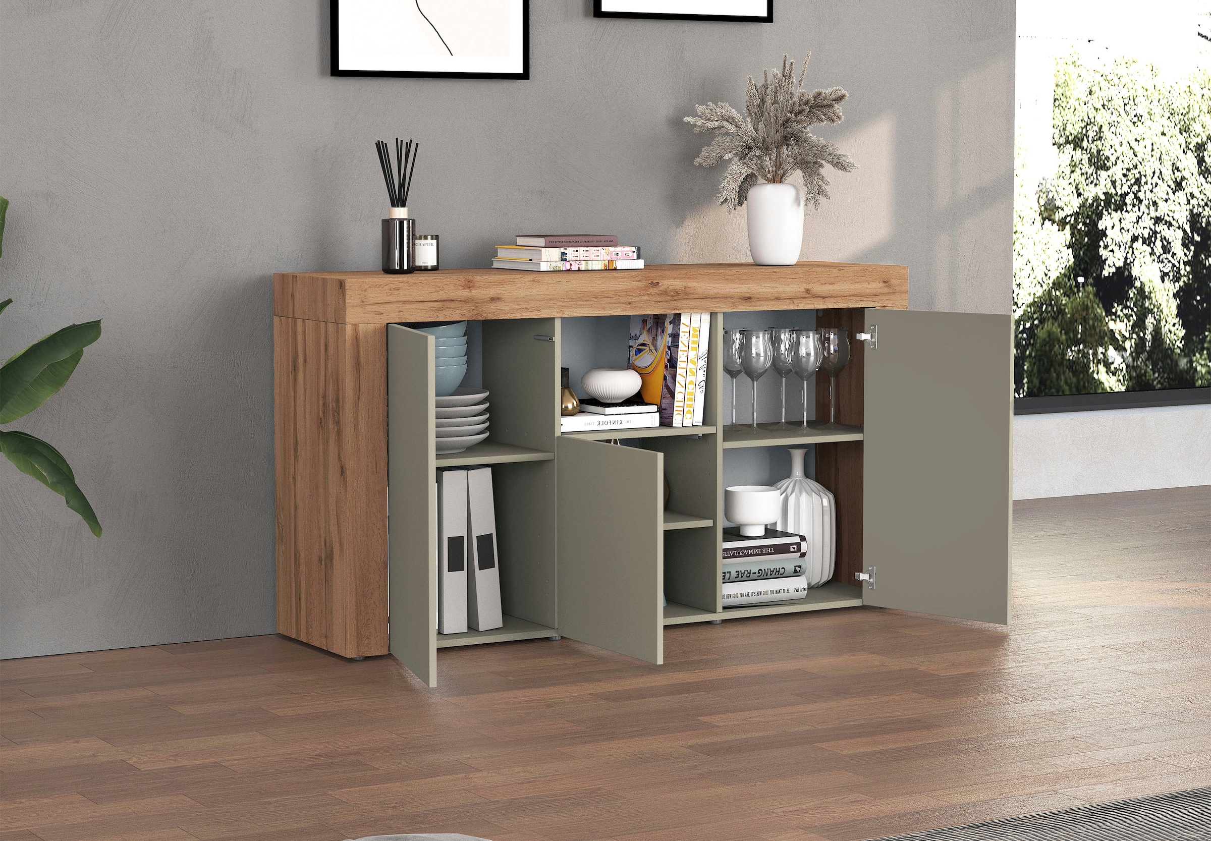 INOSIGN Sideboard »CHRONOS Breite 155 cm mit 3 Türen, 1 offenes und 6 geschlossene Fächer« 1 Stk. tlg. Sideboard,Kommode, Schrank, Grifflos mit Push to Open, Made in Italy