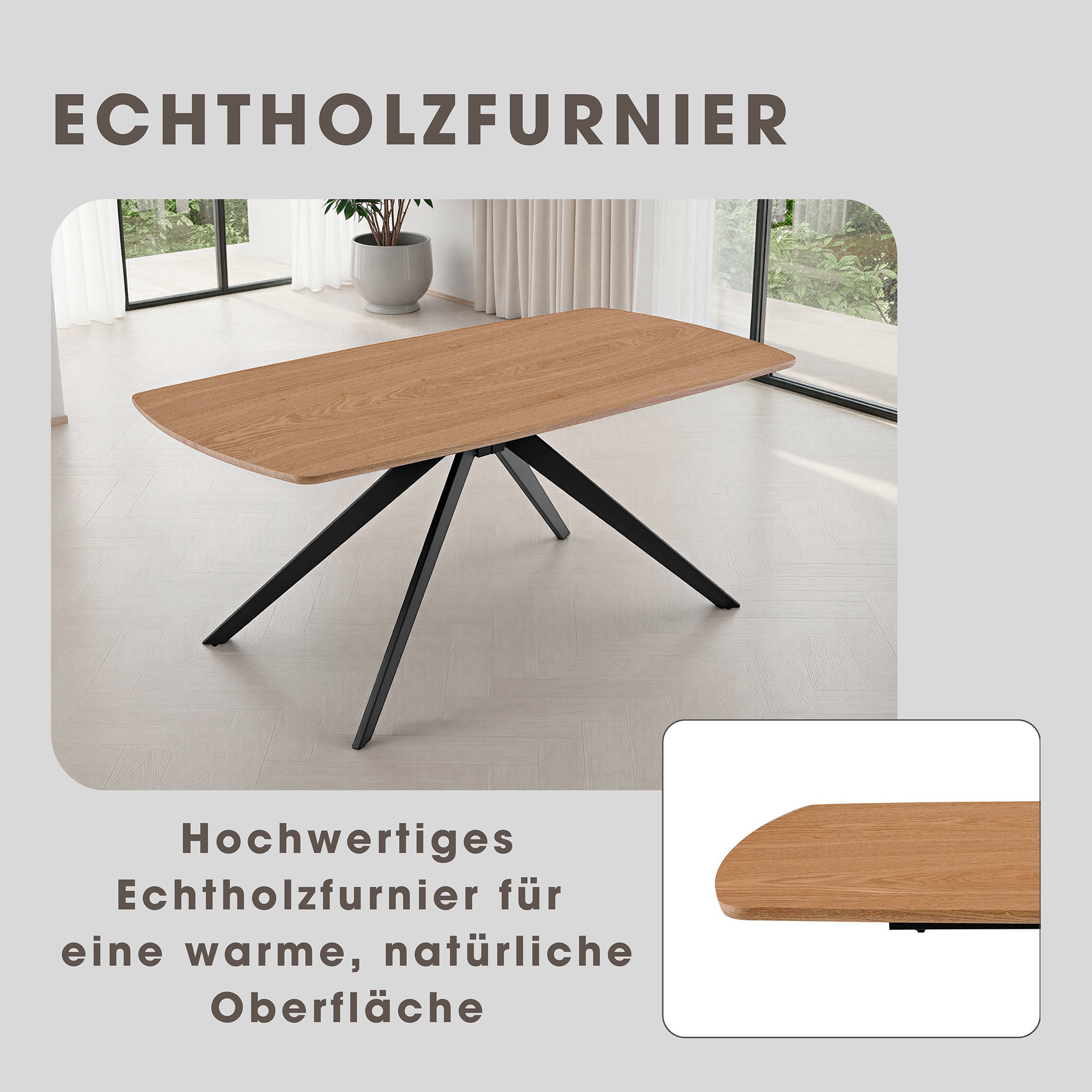 byLIVING Esstisch »JASON« Tischplatte Eiche natur, bis 100 kg, Spinnenfußgestell, 6 Sitzplätze