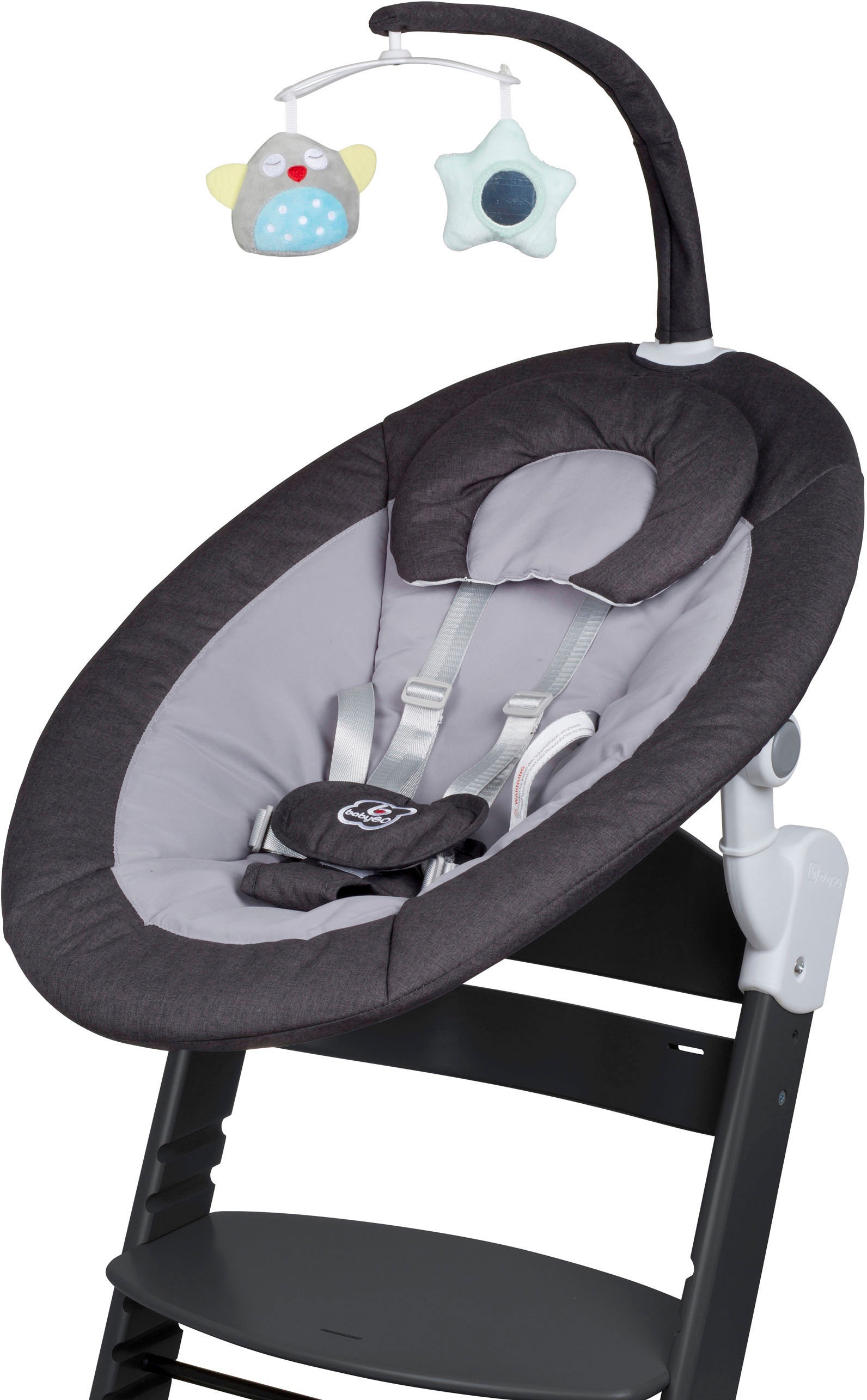 BabyGo Hochstuhl »Family Homey Set, schwarz/dunkelgrau«, mit elektrischer Babywippe inkl. Spielbogen