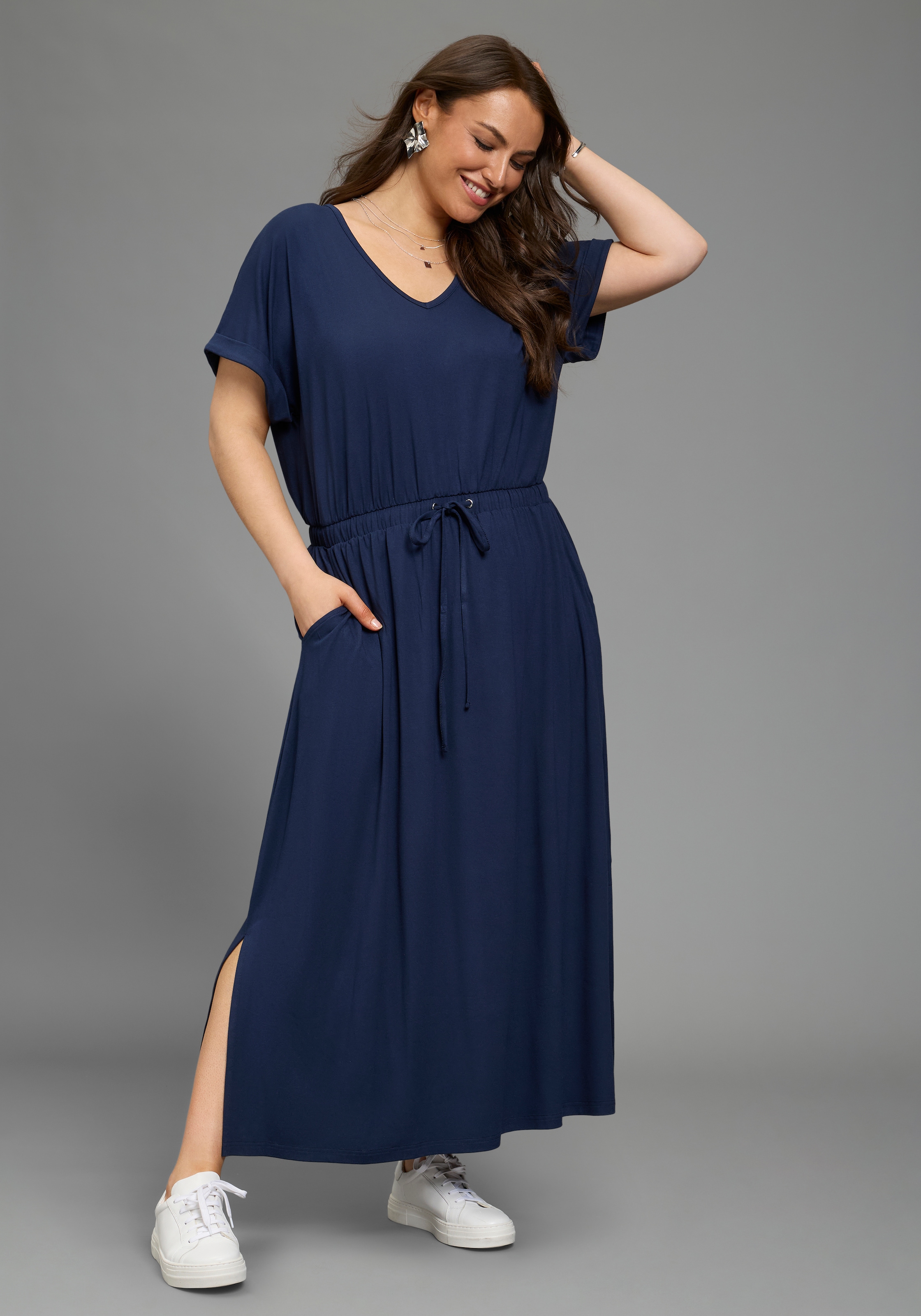 Laura Scott CURVE Jerseykleid Eingrifftaschen in Midilänge, V-Ausschnitt, praktische Eingrifftaschen