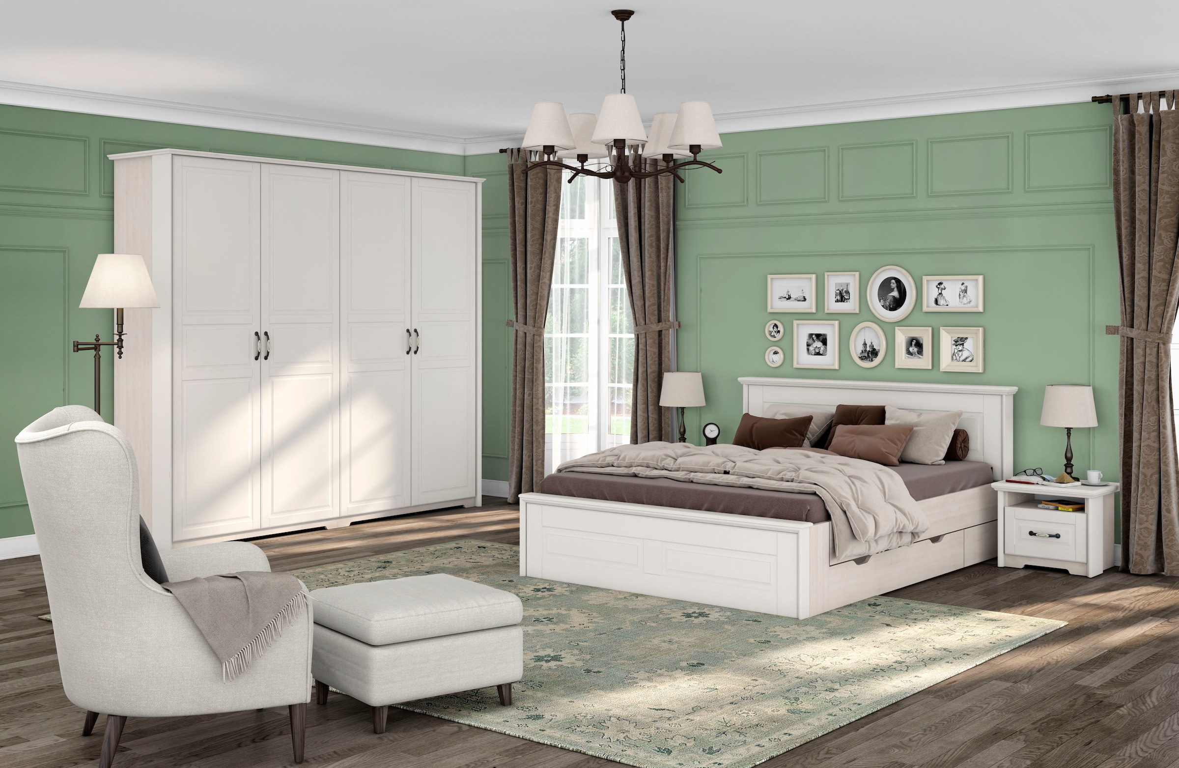 Home affaire Kleiderschrank »Evergreen, wahlweise in 3 Breiten, Höhe 224cm!«, (besonders dekorierter Metallgriff, Kasettenoptik in der Front), im klassischen Landhausstil,FSC-zertifiziert,hochwertige UV Lackierung