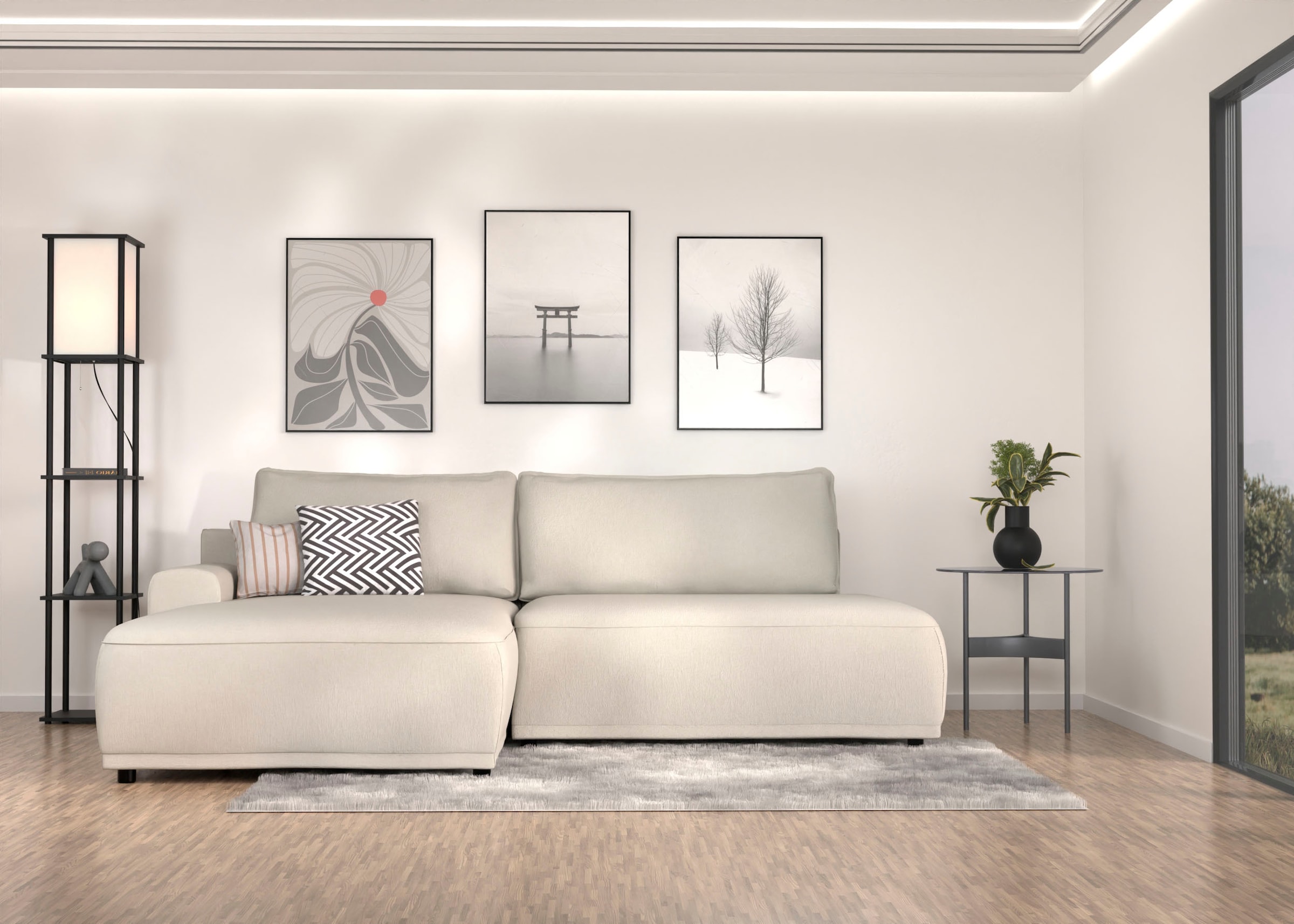 TRENDMANUFAKTUR Ecksofa »Fordon II, Schlafsofa mit Bettkasten, Couch in L-Form, Breite 250 cm« in Struktur LUMOS, 3D-Effekt, sandgrau, Armlehne links