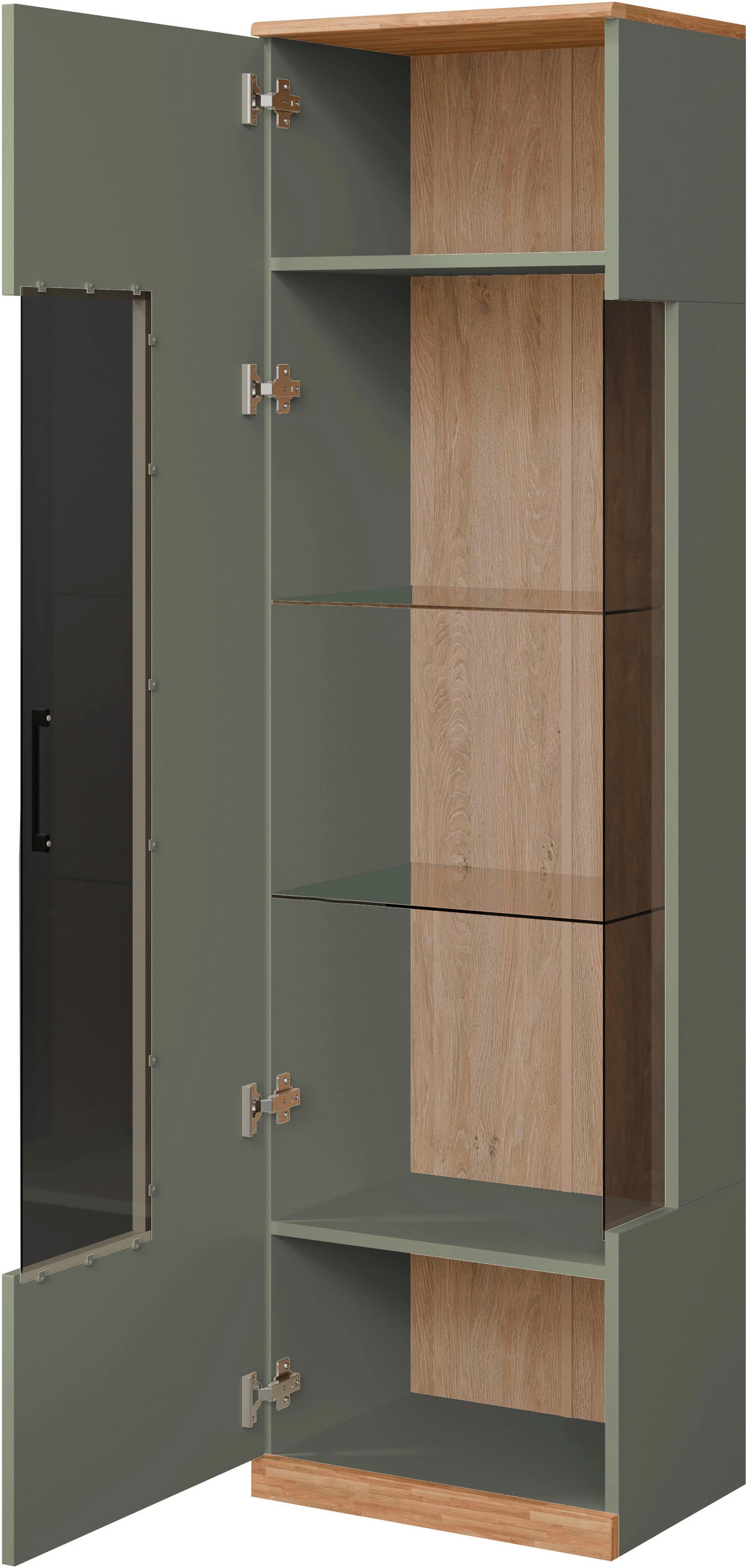 OTTO home Vitrine »Ribe,180cm hoch,5 Fächer,2 Glasböden variabel einsetzbar« Oberplatte Eiche massiv,dunkles Glas, schwarze Metall Griffe