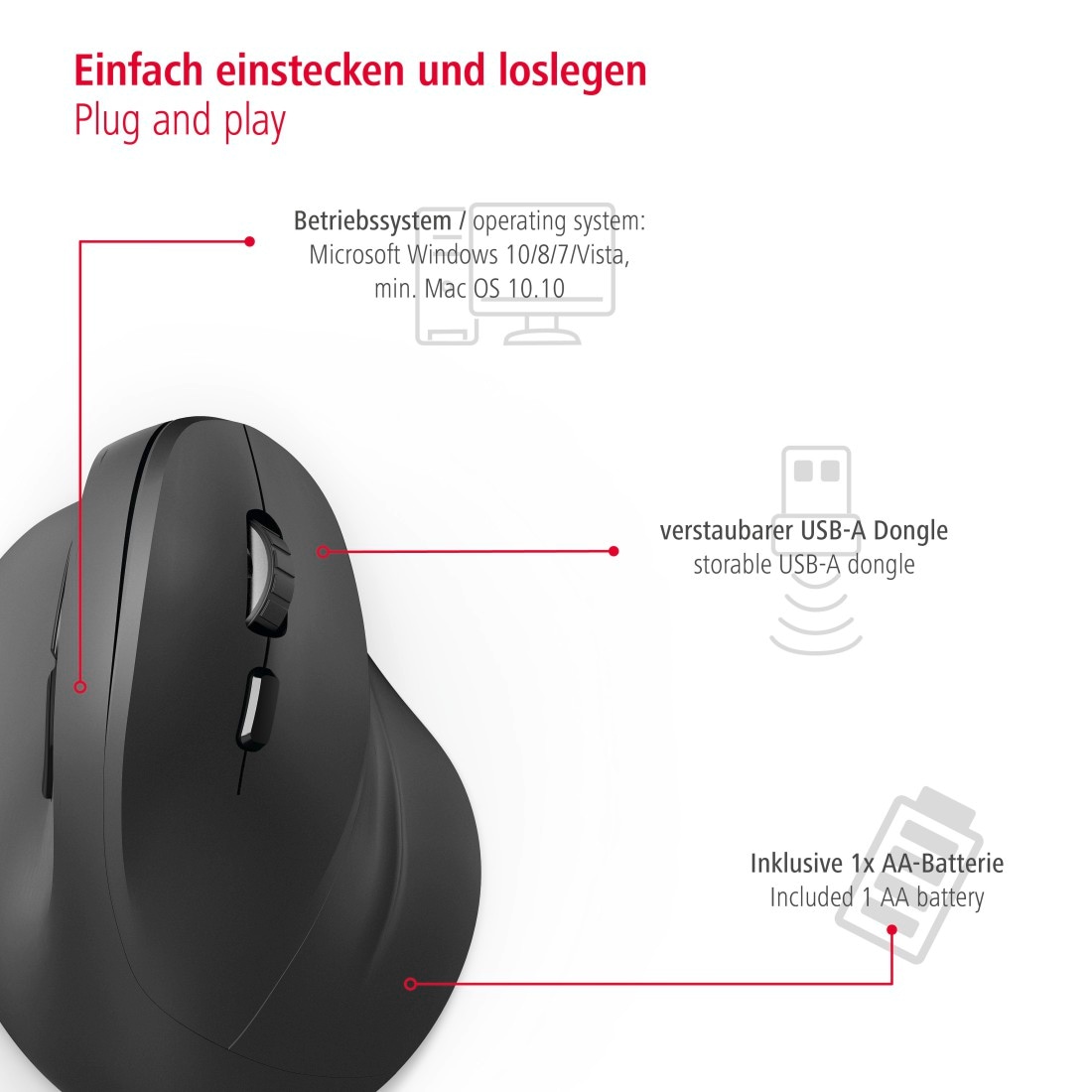 Hama ergonomische Maus »Ergonomische vertikale Funkmaus für PC Laptop, ohne Kabel, Schwarz«, USB-Funk, Vorbeugung Tennisarm/Mausarm