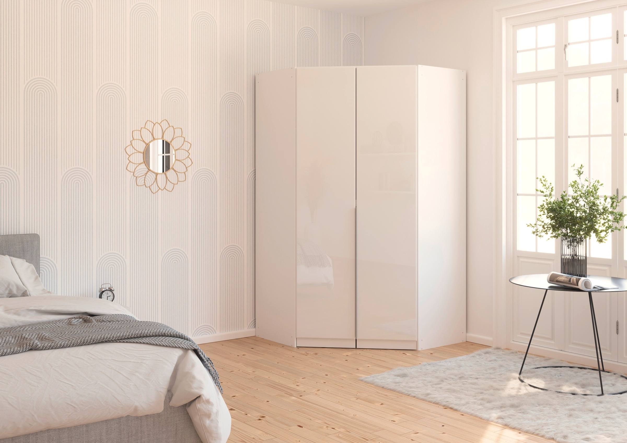 rauch Eckkleiderschrank »Kleiderschrank Schrank Ankleidezimmer Schlafzimmer Garderobe AGORDO«, (in zwei Griff-Farben), mit Glastüren, voll ausgestattet mit viel Stauraum MADE IN GERMANY