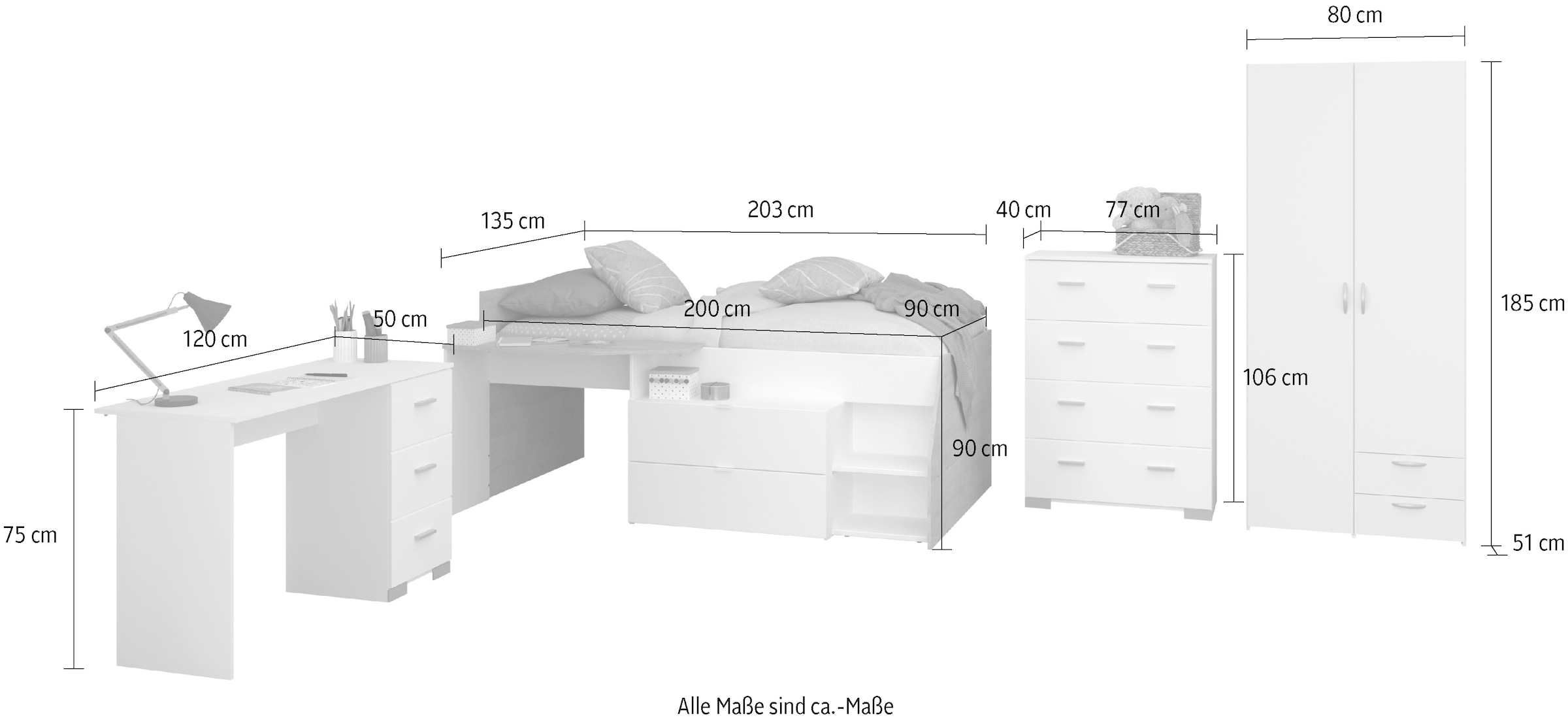 Parisot Jugendzimmer-Set »Parisot, Milky 11«, (5 tlg.), viel Stauraum, komplettes Zimmer, für Jungen und Mädchen