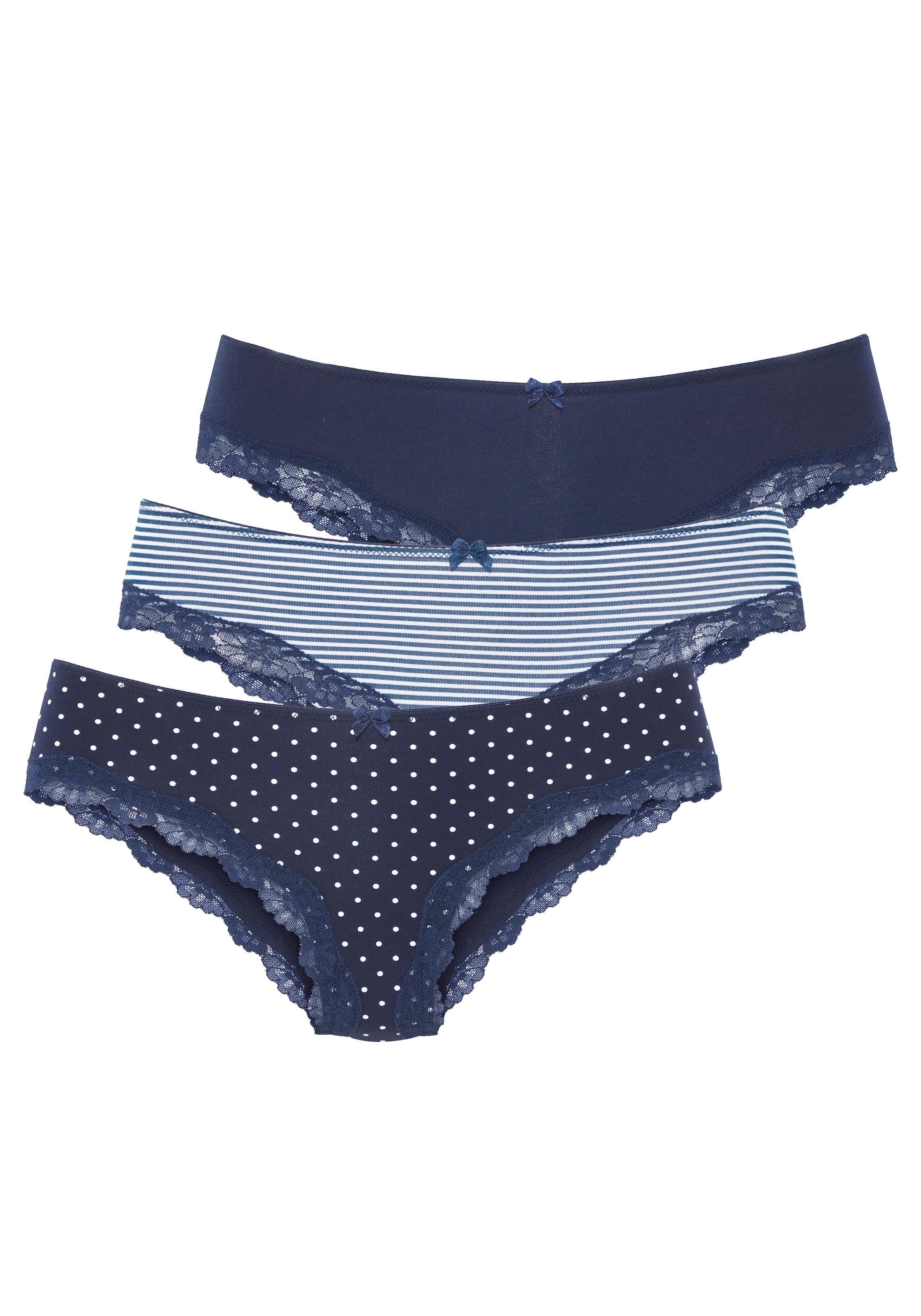 LASCANA Slip 3er-Pack, aus elastischer Baumwolle mit zarter Spitze