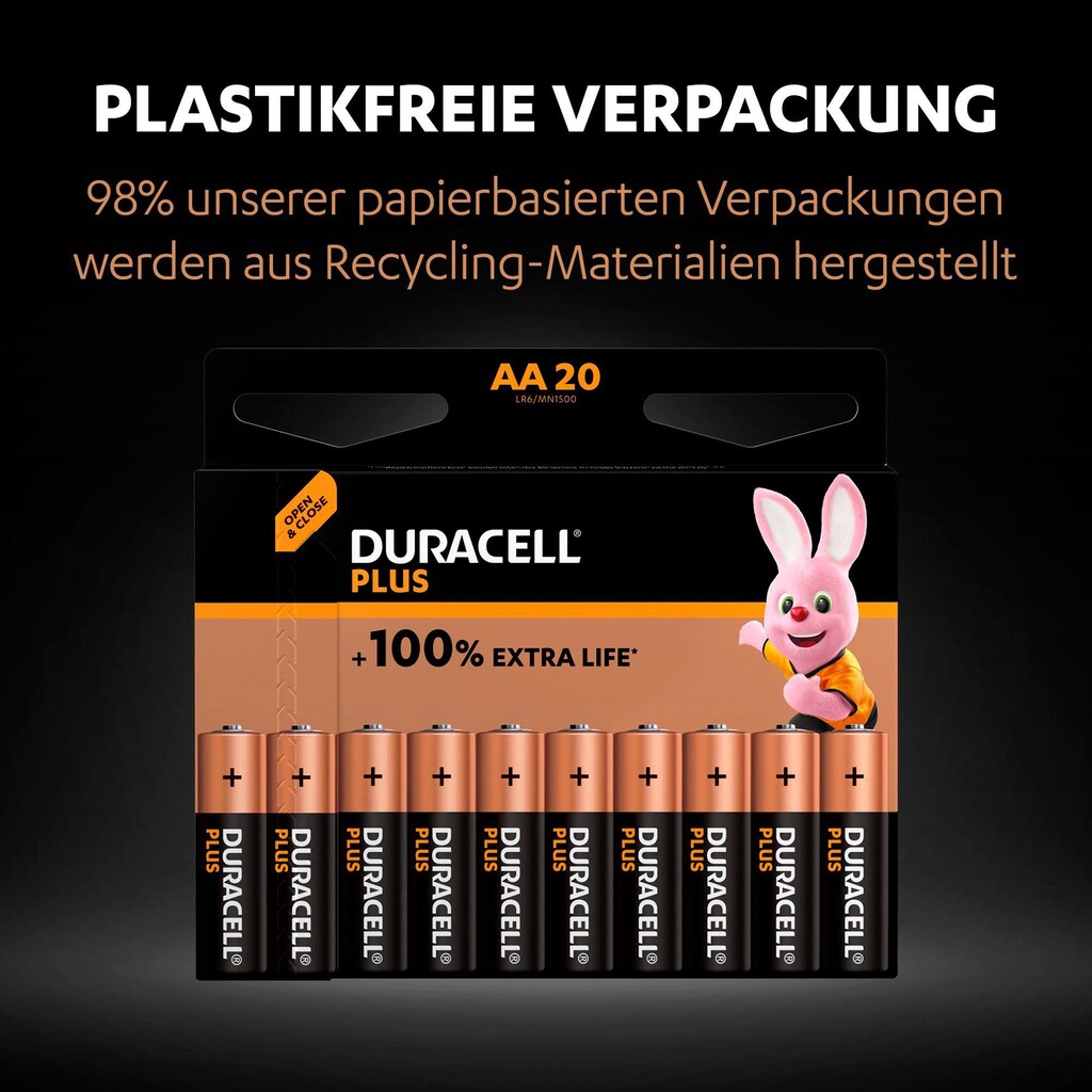 Duracell Batterie »20+ 20 Pack: 20x Mignon/AA/LR06 + 20x Micro/AAA/LR03«, LR03, 1,5 V, (Spar-Set, 40 St., Alkaline Batterie, 40 Stück)