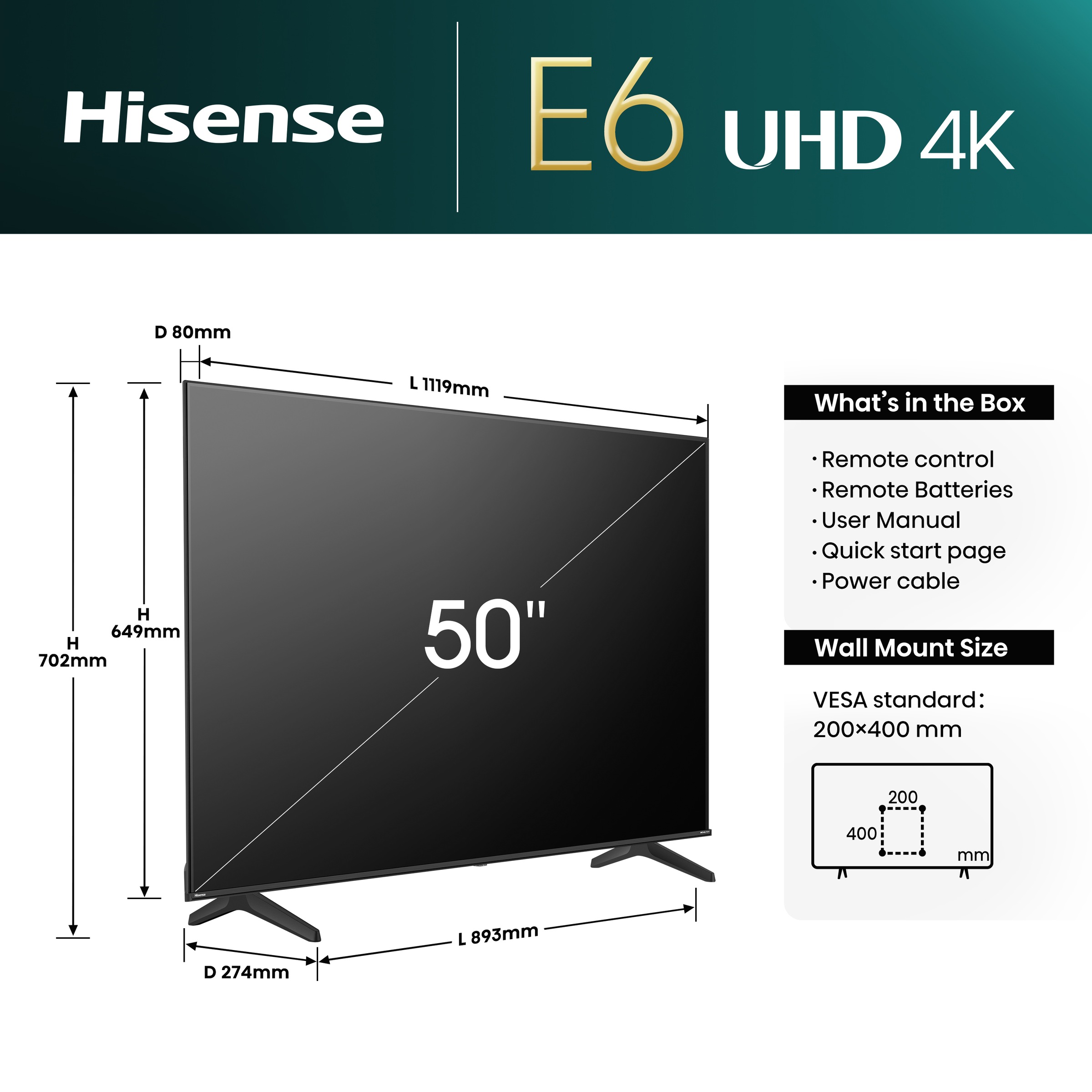 Hisense LED-Fernseher »50E6NT«, 4K Ultra HD, Smart-TV, 4K UHD