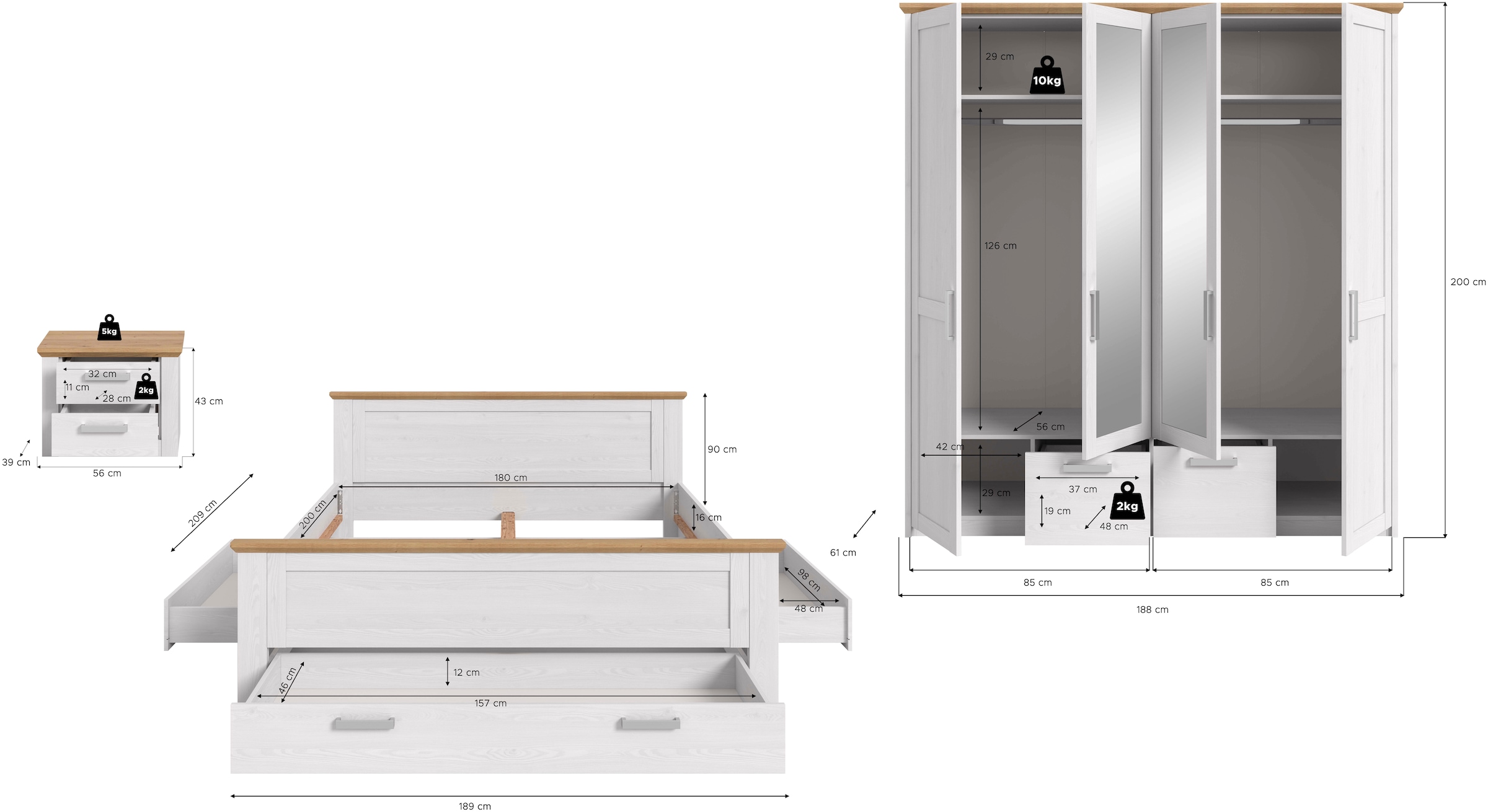 Home affaire Schlafzimmer-Set »COSENZA, TOPSELLER!, 3-teilig, Kleiderschrank, Bett & Nachttisch« Matratzengröße 180x200 cm, viel Stauraum, ohne Lattenrost & Matratze, 3 tlg. tlg. Schlafzimmer, Schlafen, Set, Kombination, Bettanlage