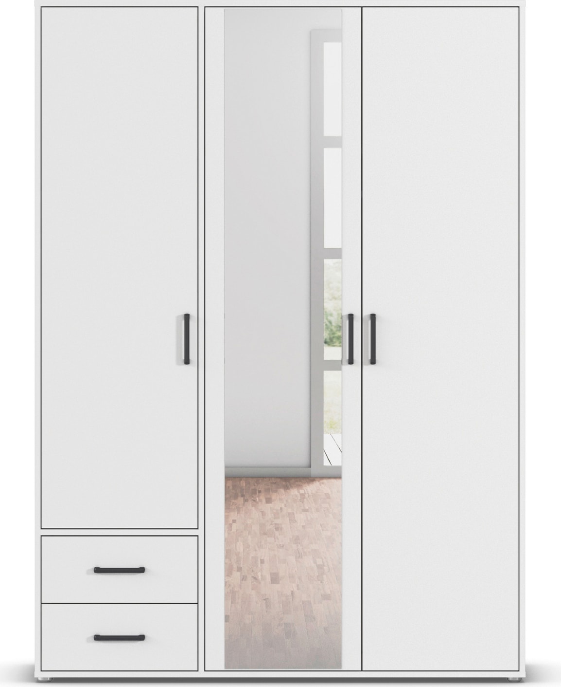 rauch Drehtürenschrank »Kleiderschrank Schrank Garderobe Wäscheschrank VOYAGER«, (in 3 verschiedenen Ausstattungen BASIC/CLASSIC/PREMIUM), mit modernen Griffen in Graumetallic, inkl. Schubkästen und Spiegel