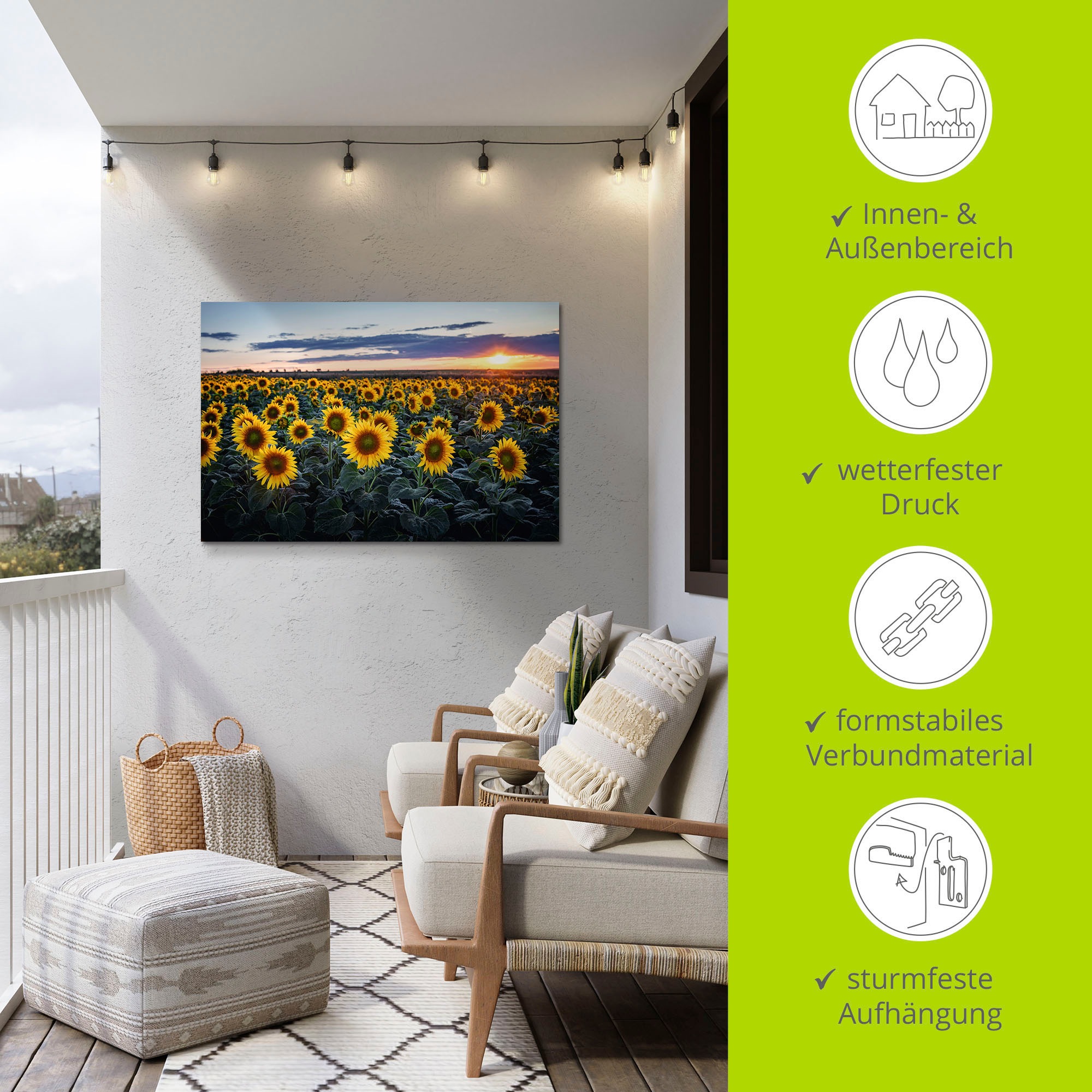 Artland Alu-Dibond-Druck »Sonnenblumenfeld, Sonne im Hintergrund«, Blumenwiese, (1 St.), für Innen- und Außenbereich geeignet, Outdoorbild