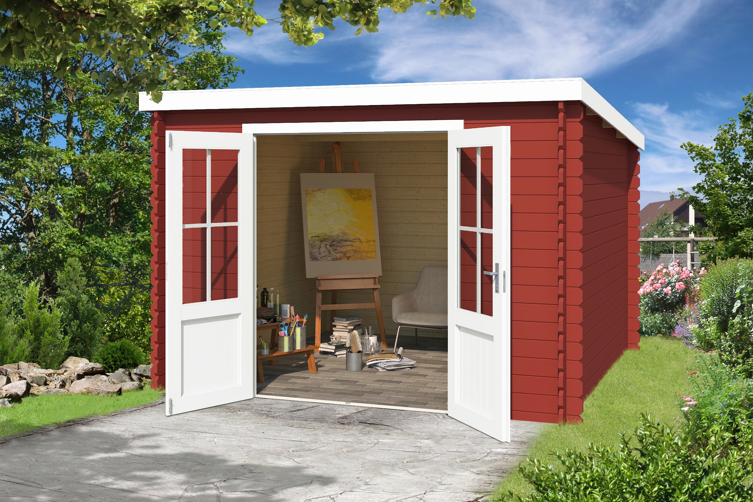 LASITA MAJA Gartenhaus »Atlanta«, Blochbohlenhaus 28mm, Fundamentmass 2920x2300, Schwedenrot