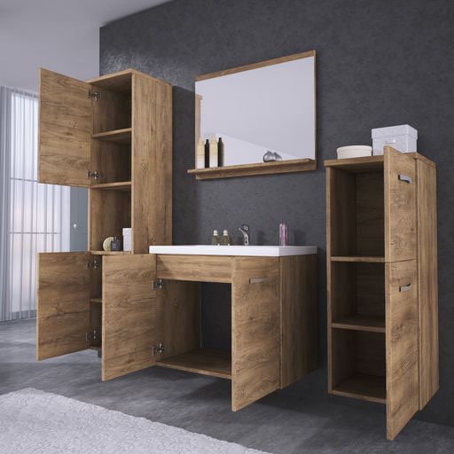 welltime Badmöbel-Set »PARLA«, (Komplett-Set, 5 St.), Waschtisch inkl. Waschbecken, Spiegel, Hochschrank und Hängeschrank