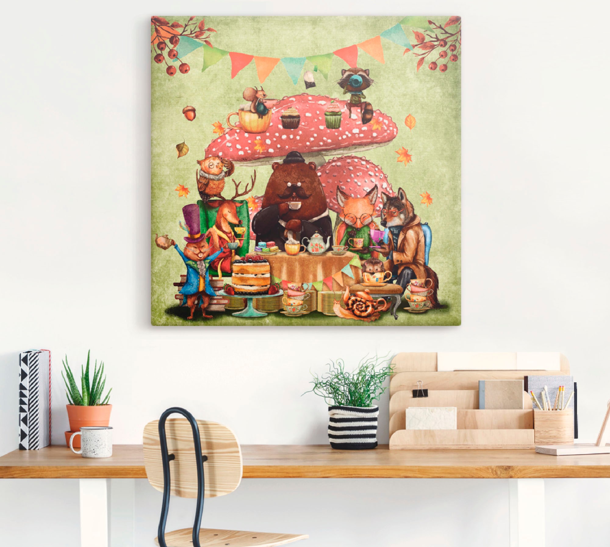 Artland Leinwandbild »Wald Freunde Fliegenpilz Teetrinken«, Animal Fantasy, (1 St.), auf Keilrahmen gespannt