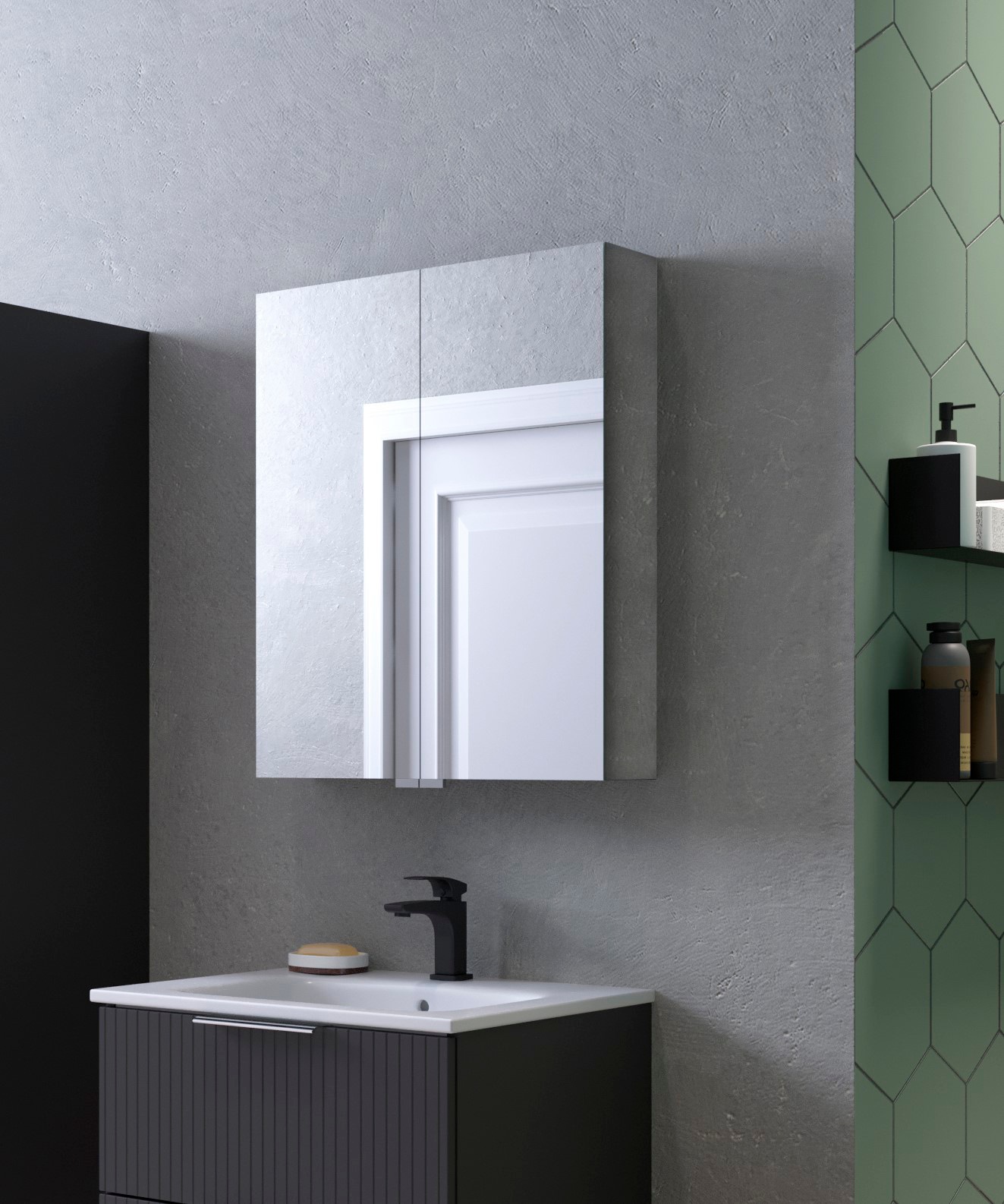 welltime Spiegelschrank »G-Line«, doppelseitig verspiegelt und mit verspiegelten Seitenwänden, Softclose