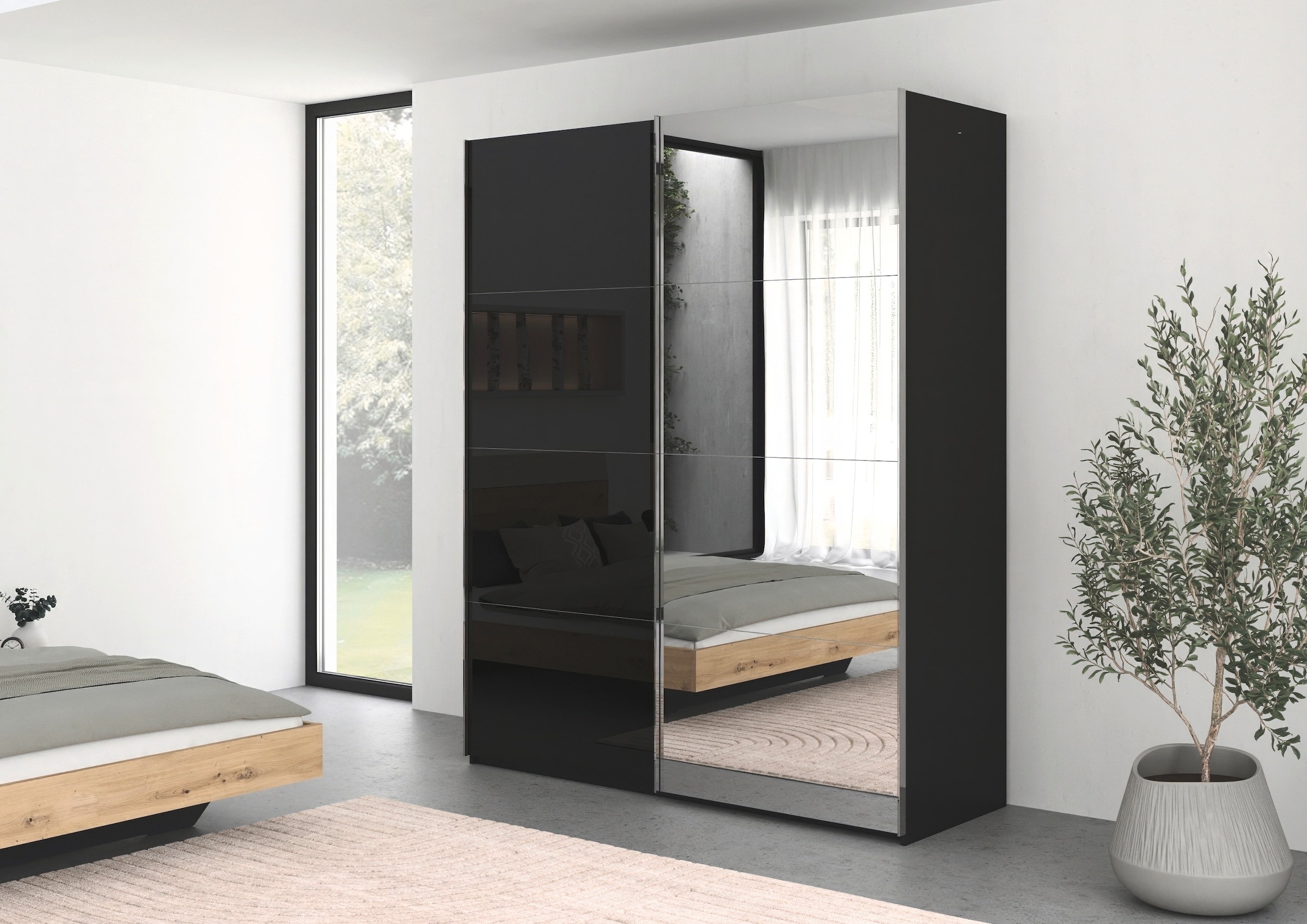 rauch Schwebetürenschrank »Kleiderschrank Schrank Garderobe Schlafzimmerschrank SCALE-FYRA« edle viergeteilte Türen Spiegel/Glas-Mix viele Farben MADE IN GERMANY