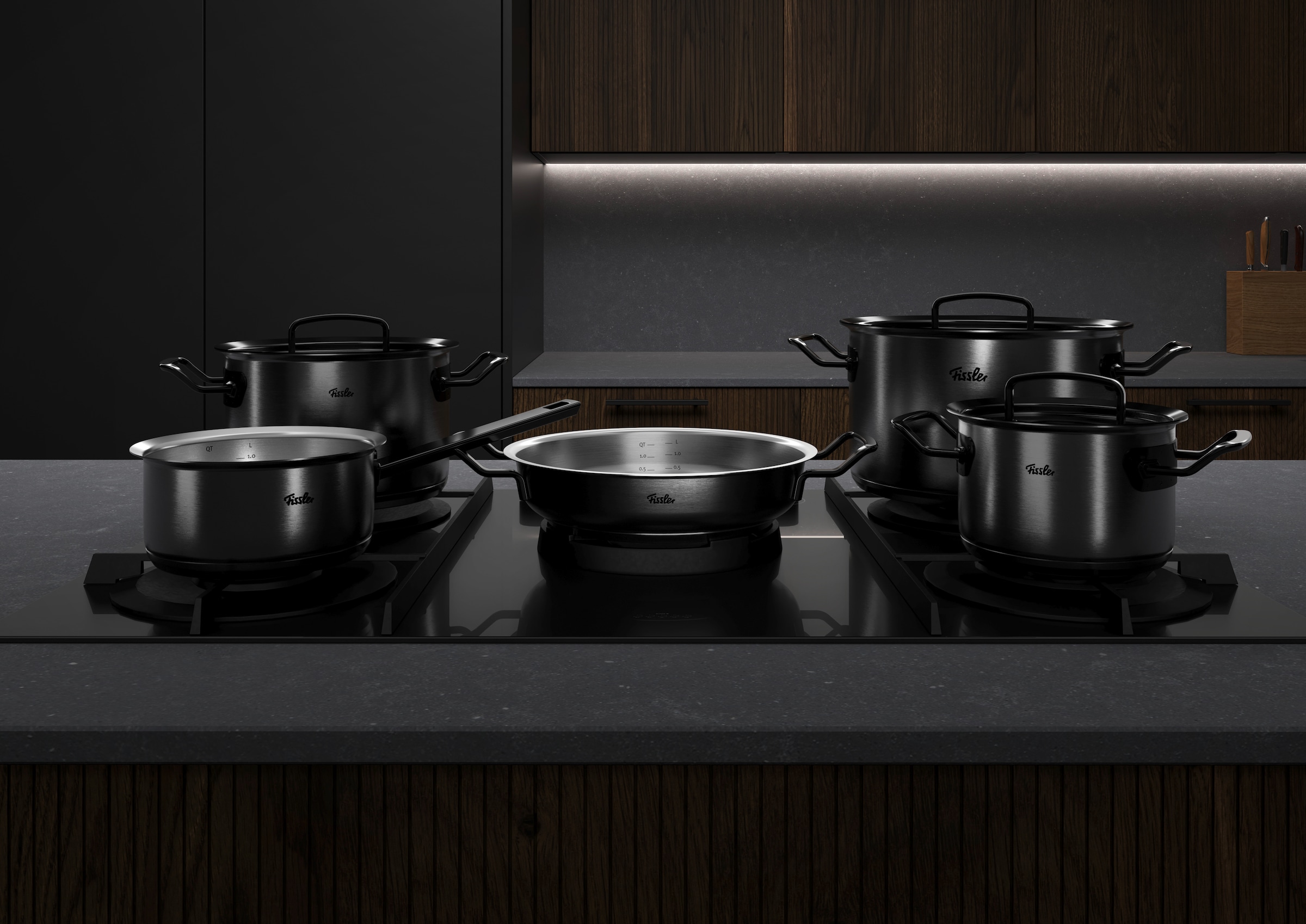 Fissler Topf-Set »Original-Profi Collection ShadowLine« Set, 3 Kochtöpfe mit Metalldeckel, 1 Servierpfanne, 1 Stielkasserolle, 8 Stk. tlg. Edelstahl 18/10