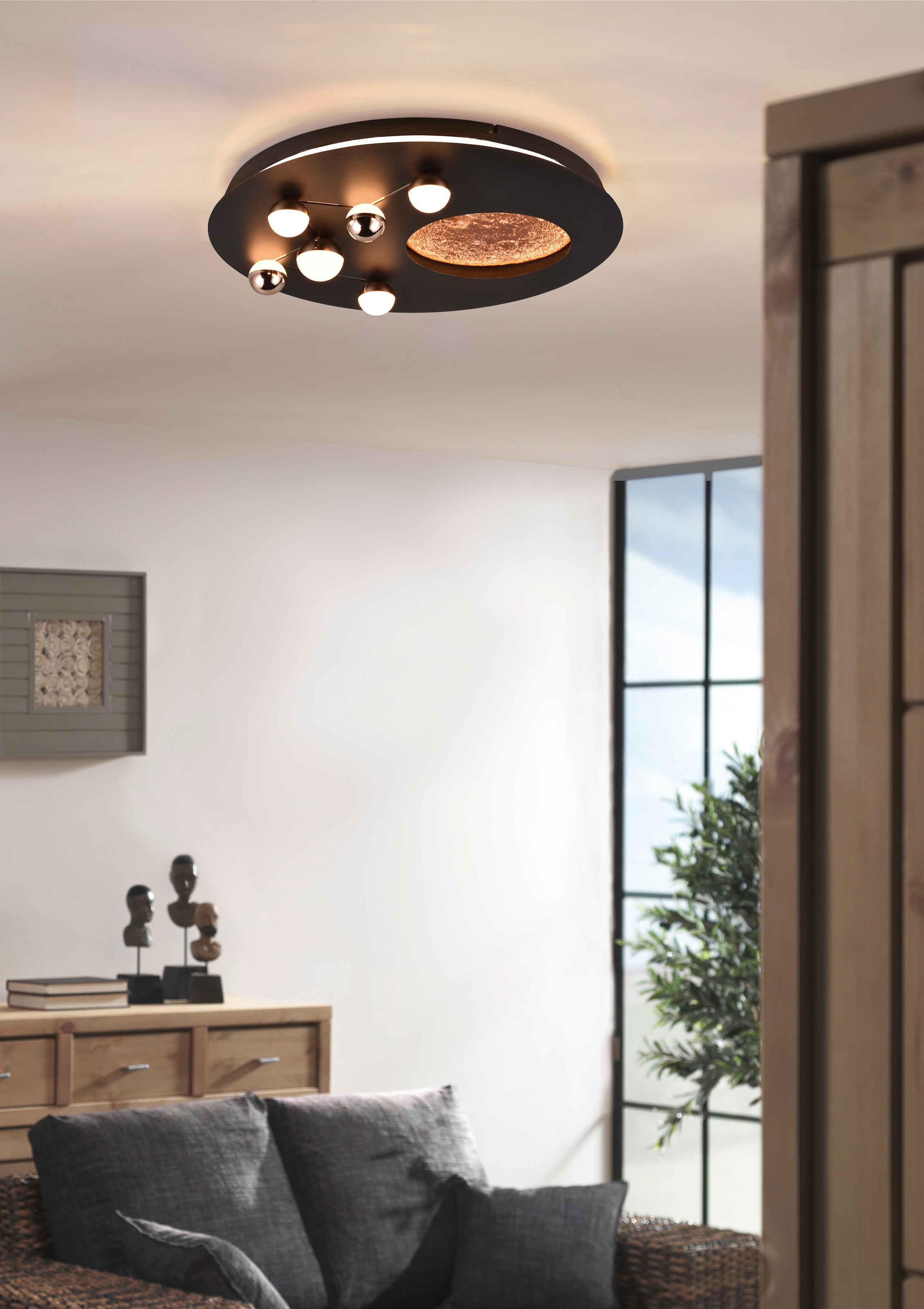 TRIO Leuchten LED Deckenleuchte »ZODIAC, Deckenlampe Mond Sterne, indirektes Licht, dimmbar CCT LED 42W« LED-Board 1 Stk. warmweiß - kaltweiß LED Deckenlampe Schlafzimmer Ø 50cm, Lichtfarbe einstellbar, Mondoptik