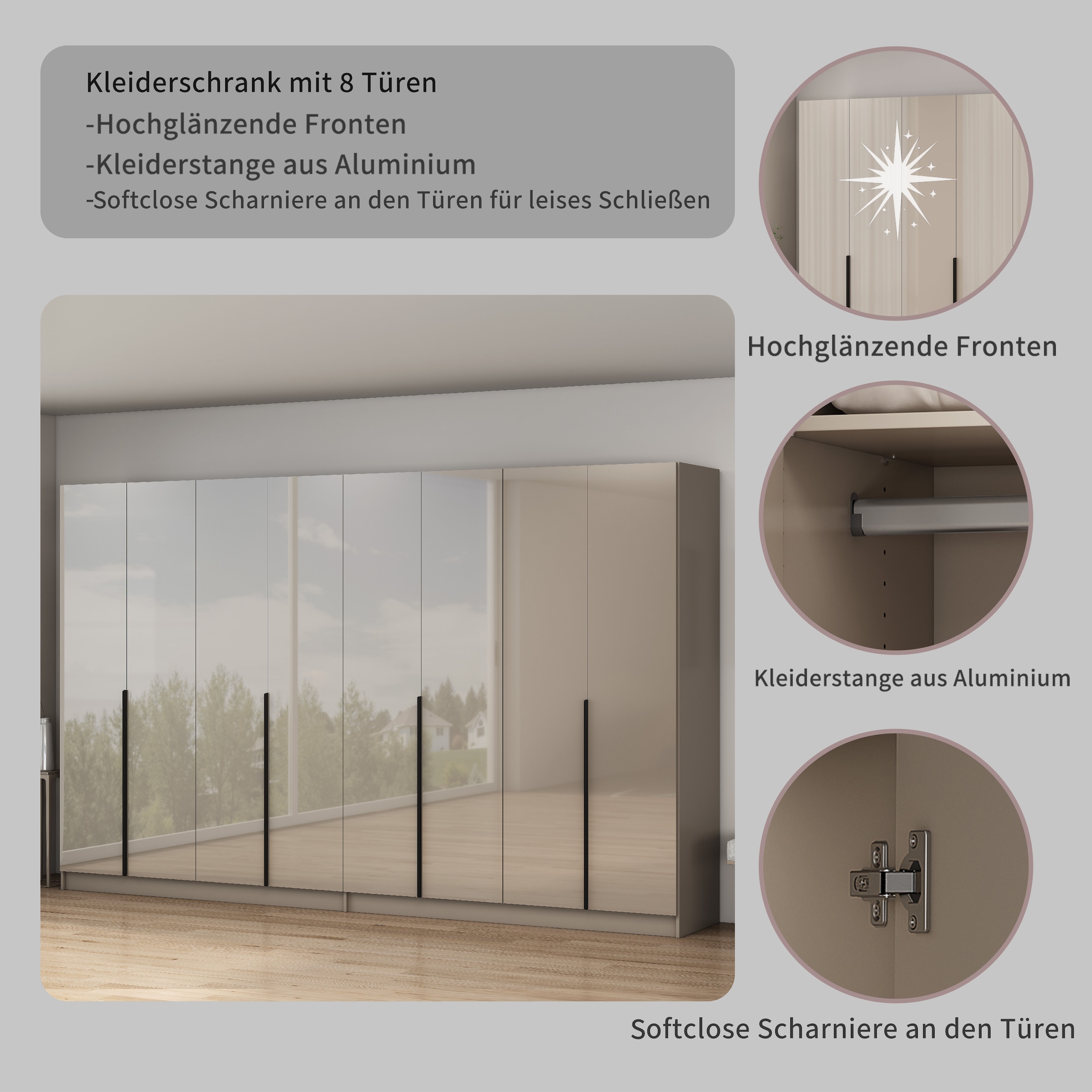 OTTO home Kleiderschrank »Annor Schlafzimmerschrank Breite 323 cm hochglanz Schrank Garderobe« Drehtürenschrank mit perfekter Innenausstattung - elegante Türgriffe