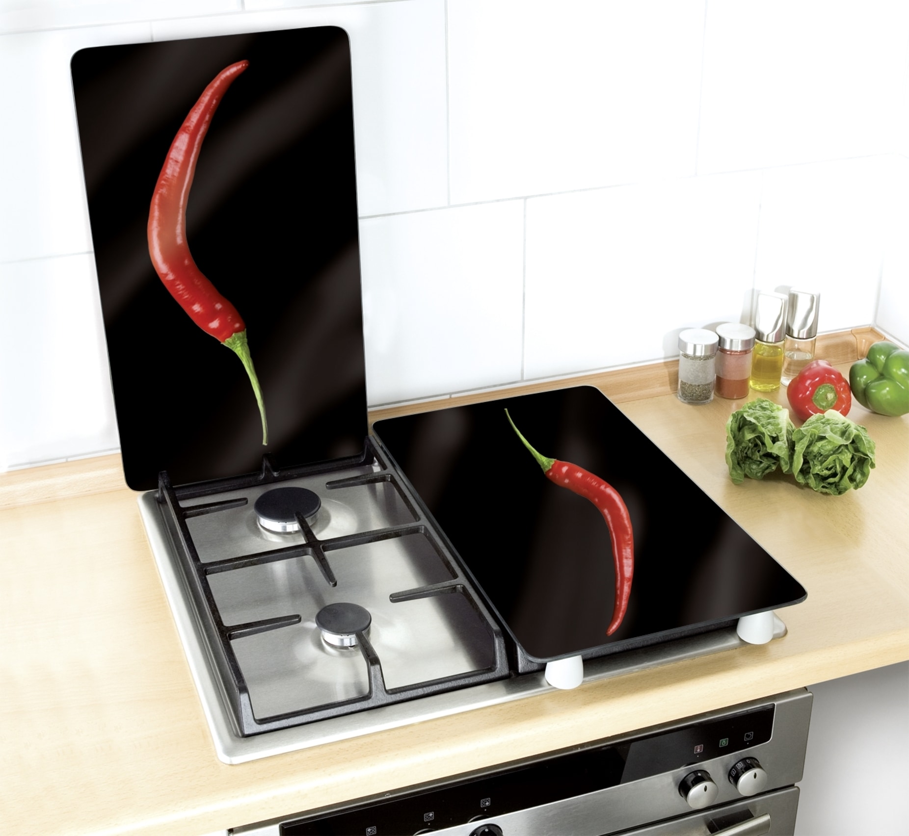 WENKO Herd-Abdeckplatte »Universal Modell Hot Peperoni«, (Set, 2 tlg.), Herdabdeckung für alle Herdarten, kratzfest, mit rutschfesten Füßen