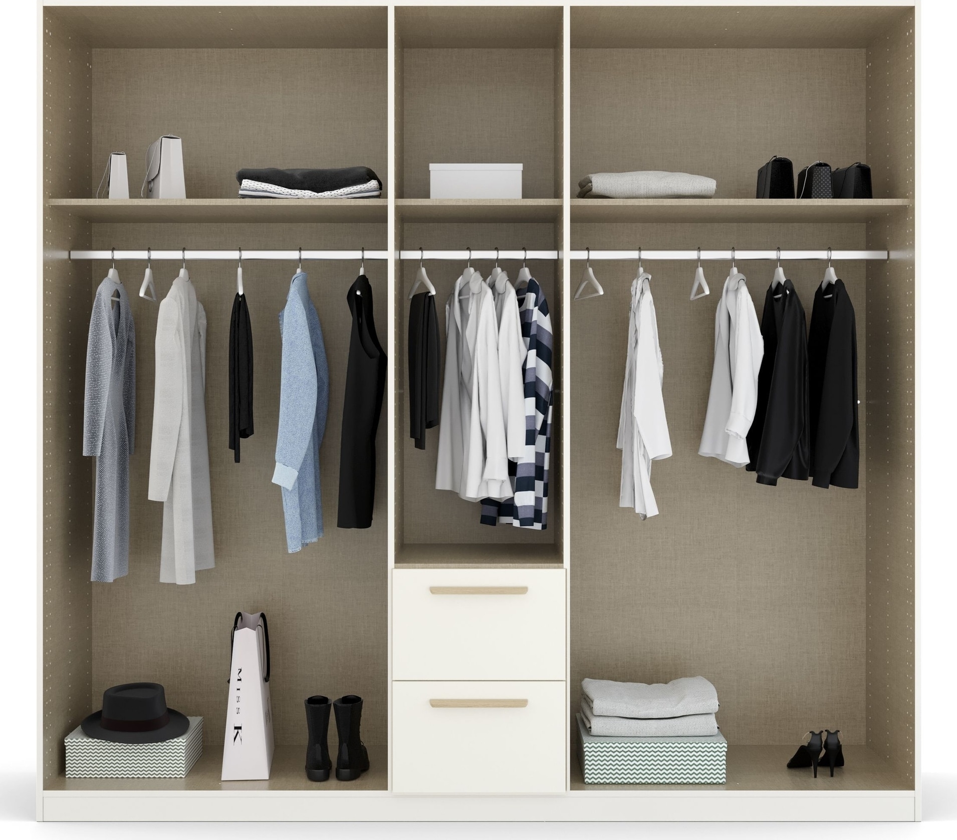 rauch Kleiderschrank »Skandi by Quadra Spin Schlafzimmerschrank«, im Landhaus-Stil mit Massivholzgriffen, mit Schubladen und Spiegel