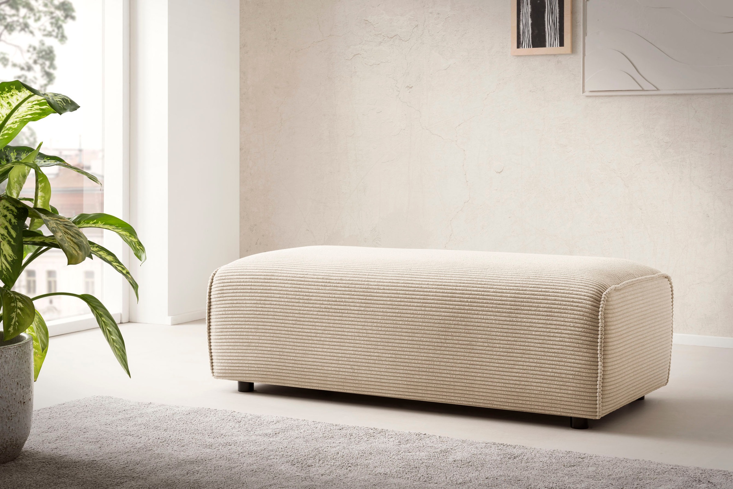 LeGer Home by Lena Gercke Hocker »PIARA, Polsterhocker mit Kedernaht in Cord oder Leinenoptik«, zur Serie PIARA, rechteckig, schwarze Füße, bequemer Sitzkomfort