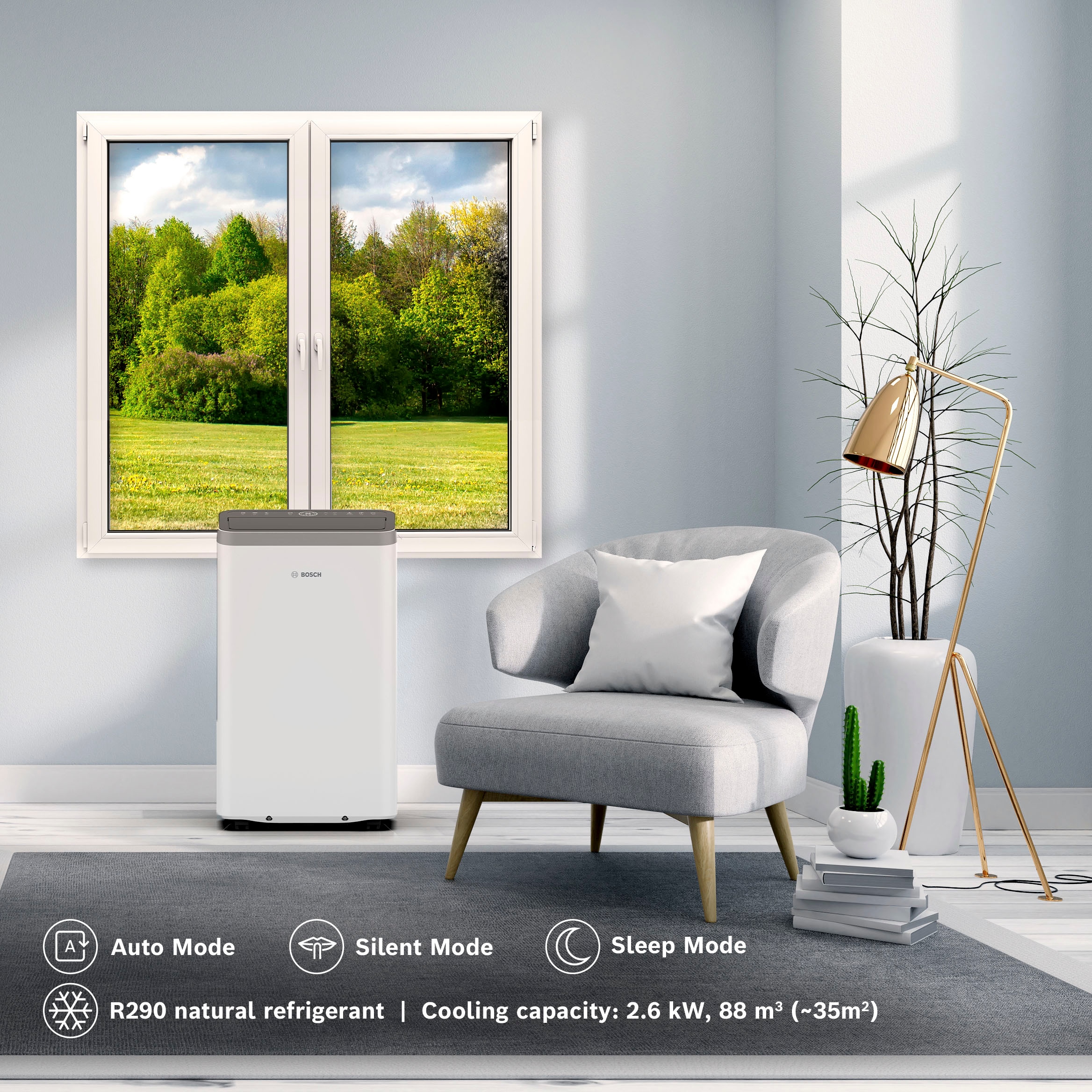 BOSCH 3-in-1-Klimagerät »Cool 4000 - 3-in-1 Klimaanlage, Luftentfeuchter, Ventilator« Entfeuchtung bis zu 50 l/Tag, für Räume bis zu 35m²