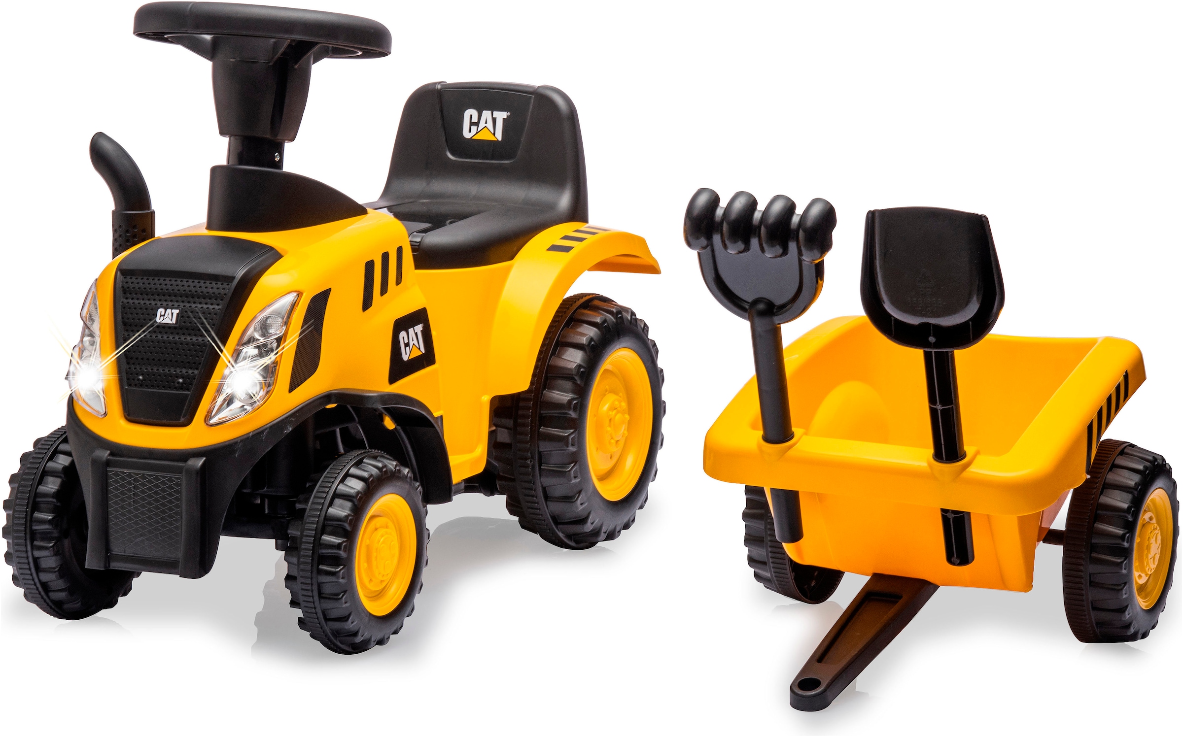 Jamara Rutscher »Caterpillar Traktor mit Anhänger 2in1, gelb« mit Licht- und Soundeffekten sowie Hupe