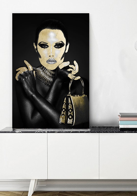 queence Acrylglasbild »Chensit«, Frau-Gemälde-Frau-Bilder von Frauen-Mode-Modern-Fashion-Magazincover, (1 St.), von Hand eingearbeitete Blattgold Applikationen